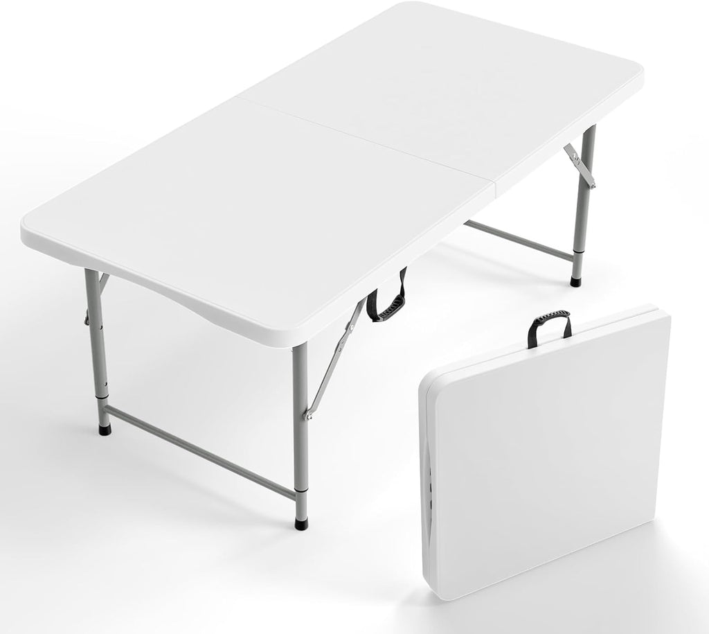 VINGLI 4 FT Plastic Folding Camping Table,3-Level Adjustable Height, Portable in/Outdoor Party Picnic Dining Desk, Garden Soccer Multipurpose Entertaining Activities，White