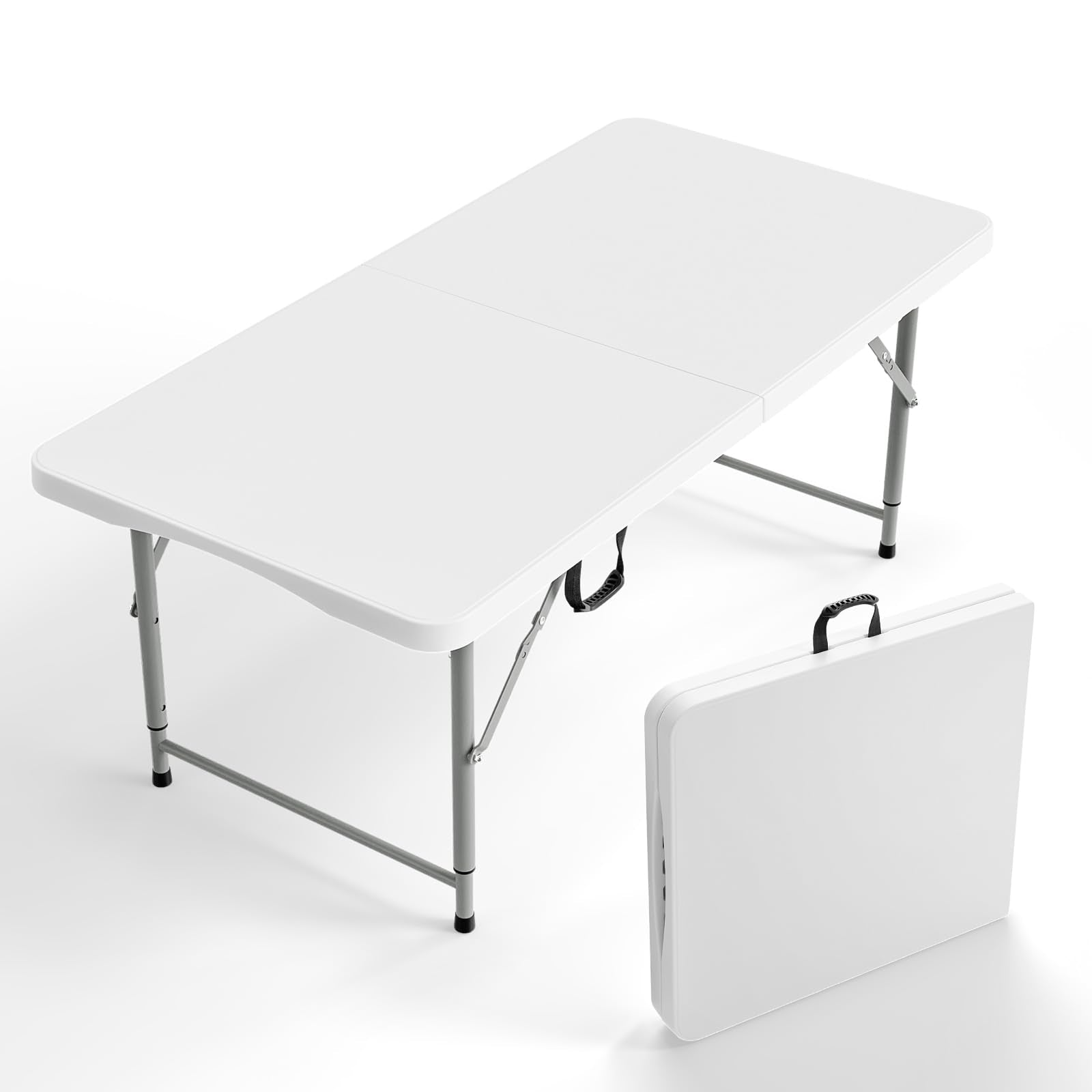 VINGLI 4 FT Plastic Folding Camping Table,3-Level Adjustable Height, Portable in/Outdoor Party Picnic Dining Desk, Garden Soccer Multipurpose Entertaining Activities，White