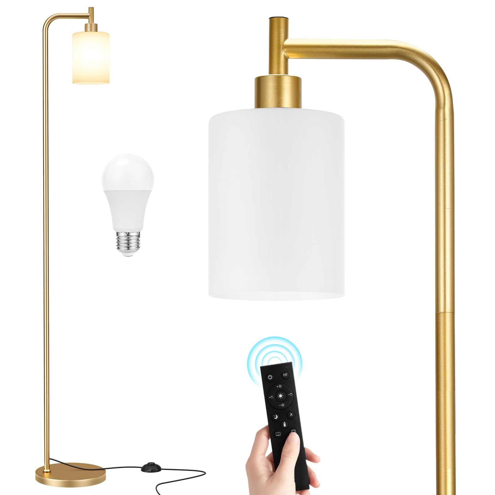 Ziisee Industrial Floor Lamp with Glass Shade - Black, LED Bulbs, Foot Pedal Switch, Easy Assembly