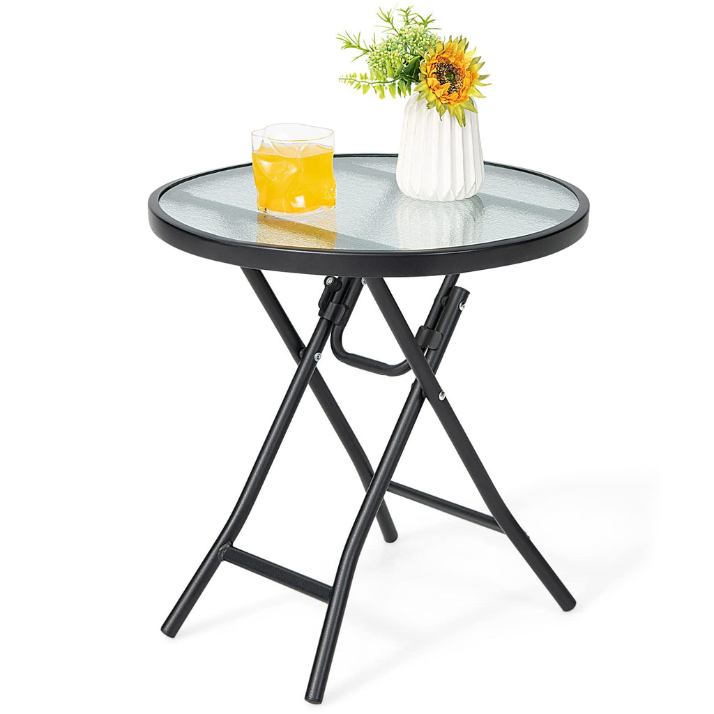 Giantex Folding Side Table, Square Small Patio Table, Tempered Glass Tabletop, Steel Frame, Weather-Resistant Outdoor Indoor Use for Bistro Porch Garden Balcony 18"x18"x18.5"