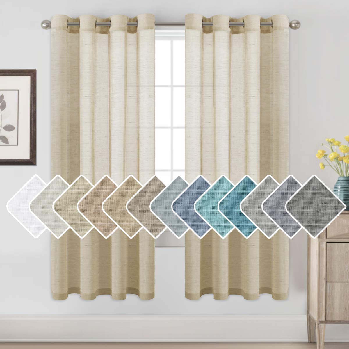 H.VERSAILTEX Linen Curtains Natural Linen Semi-Sheer Curtains 2 Panels Nickel Grommet Privacy Added Premium Soft Rich Material Drapes for Bedroom/Livingroom - 52x108 - Inch - Linen
