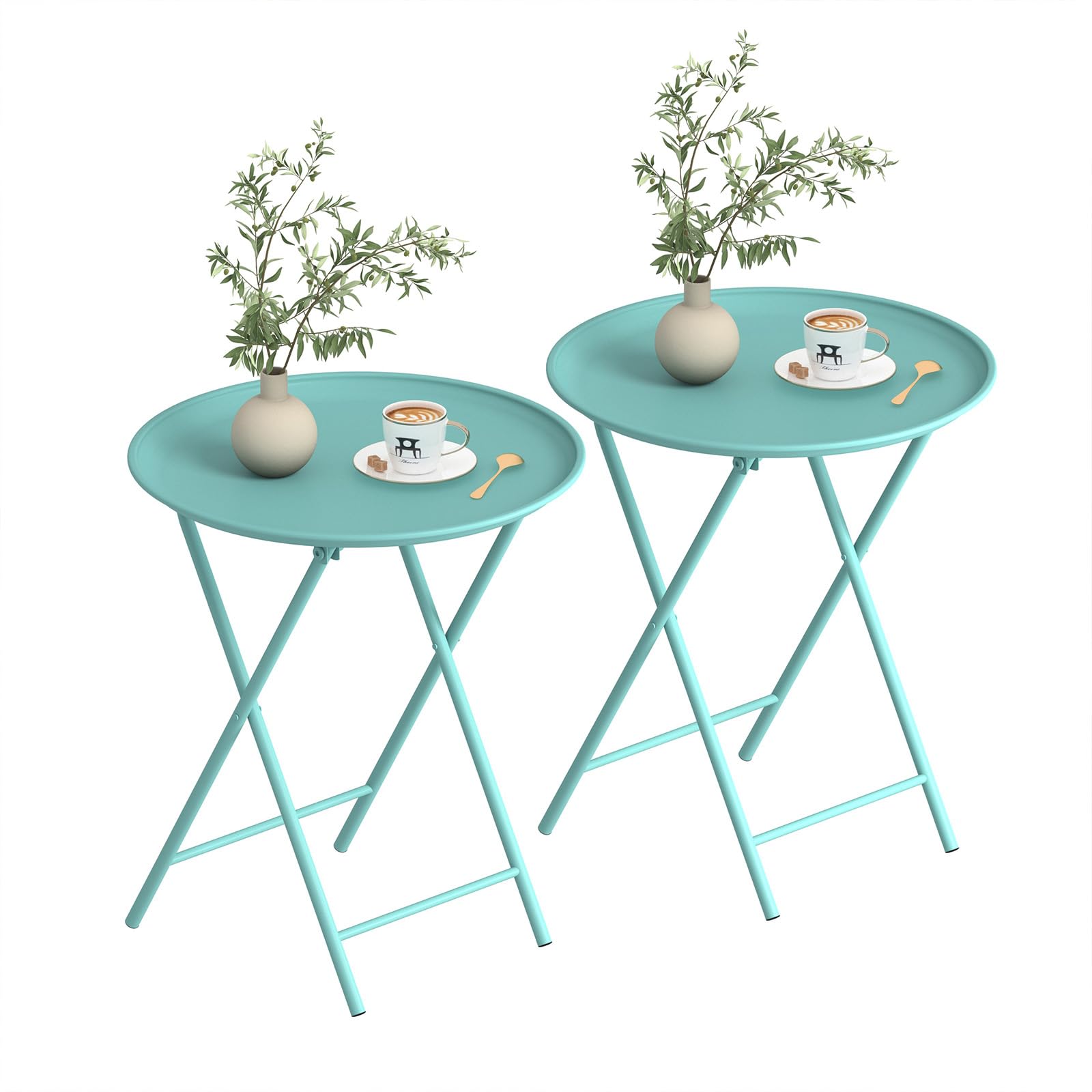 Garden 4 you Folding TV Tray Table, Metal Round Side Table, Blue Dinner Table with Metal Frame, Modern Outdoor Tray Table for Living Room, Bedroom, Patio & Small Spaces, 2 Packs