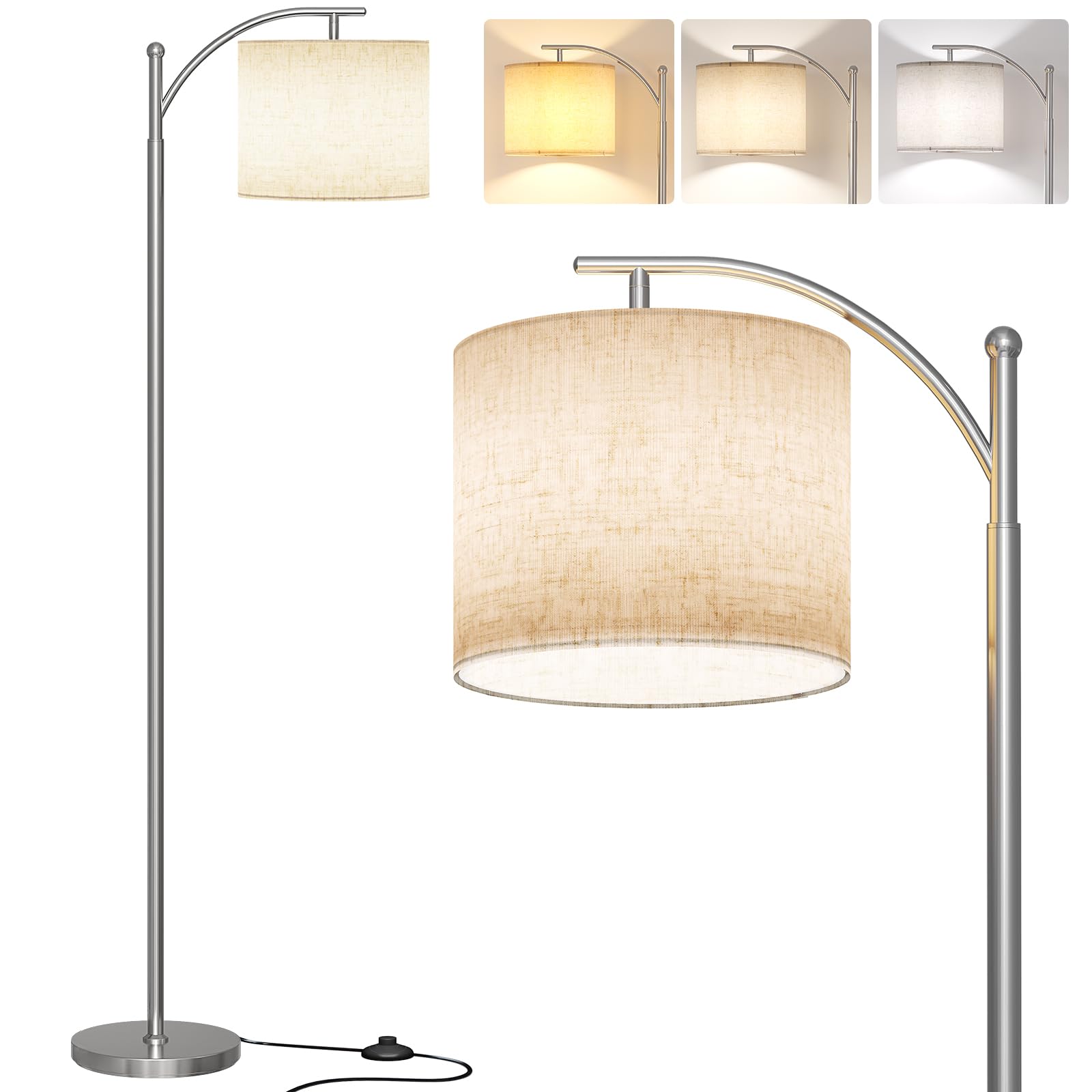 SUNMORY Arc Floor Lamp,Modern Floor Lamp with 3 Color Temperatures Bulb,Metal Standing Lamps with Adjustable Hanging Lampshade,Tall Floor Lamps for Living Room (Black)
