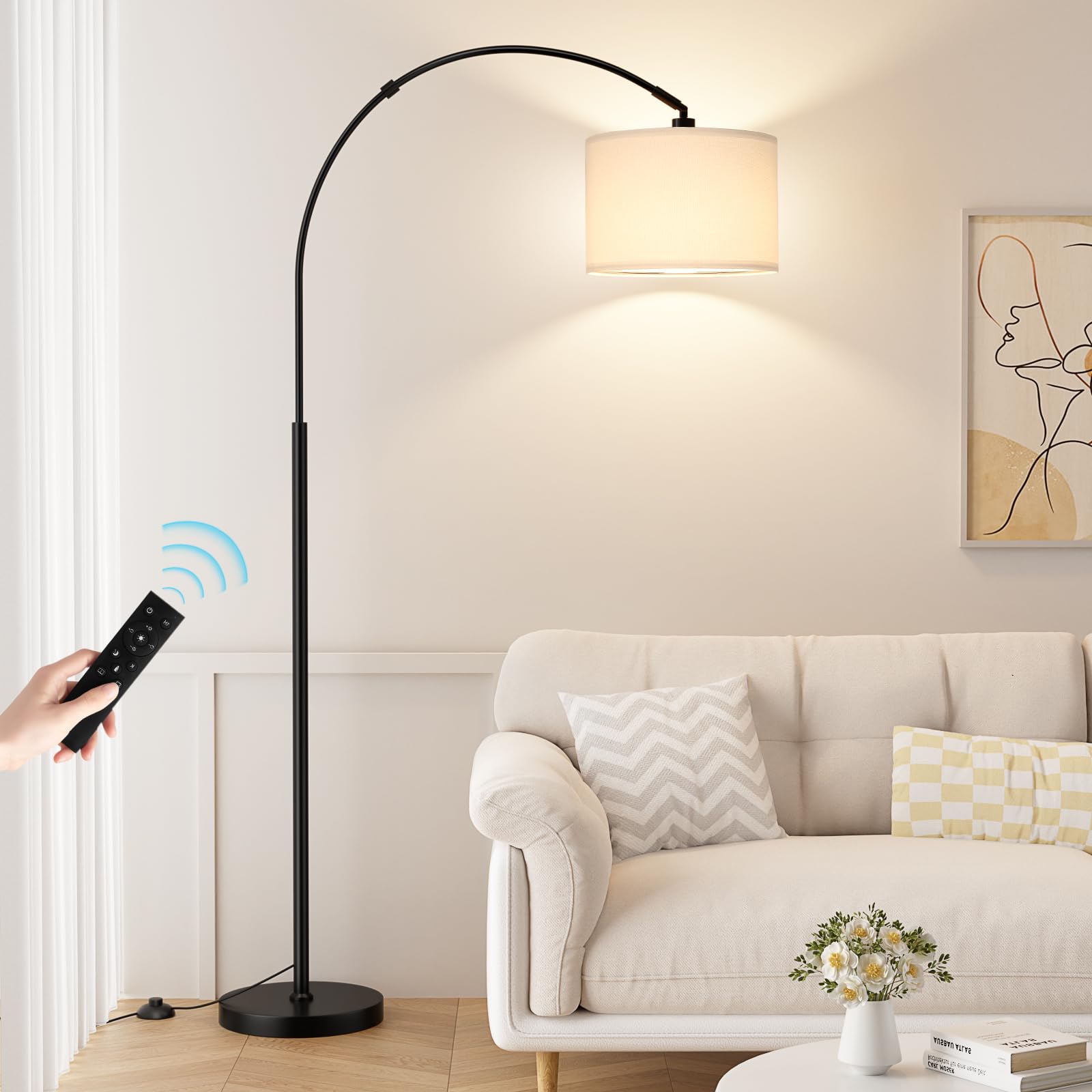 Ambimall 70 Dimmable Arc Floor Lamp with Remote, Color Temperatures and Brightness Adjustable, Arched Floor Lamp with Rotating Head, Over Couch Arched Light for Living Room (Deep Beige and Black)