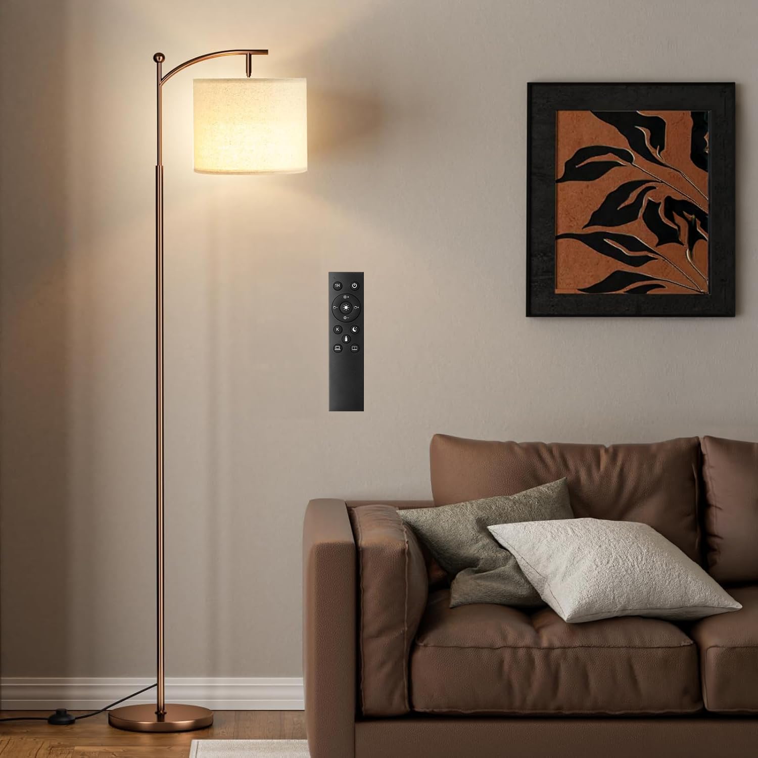 Ambimall 60" Floor Lamp with Remote Control and Stepless Dimmable Bulb, Colors Temperature & Brightness Adjustable, Modern Floor Lamps for Living Room（Beige Shade & Black Pole）