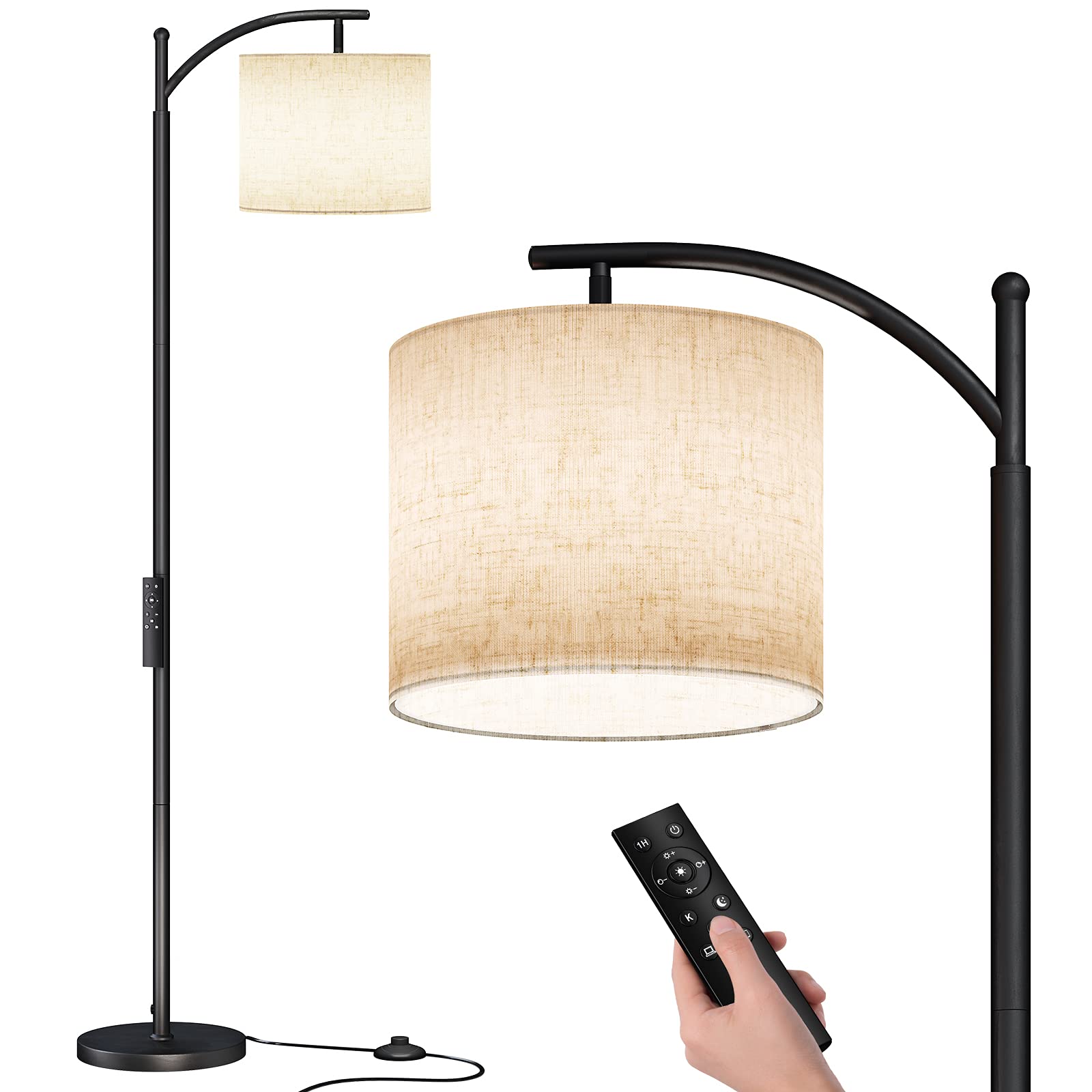 SUNMORY Arc Floor Lamp,Modern Floor Lamp with 3 Color Temperatures Bulb,Metal Standing Lamps with Adjustable Hanging Lampshade,Tall Floor Lamps for Living Room (Black)