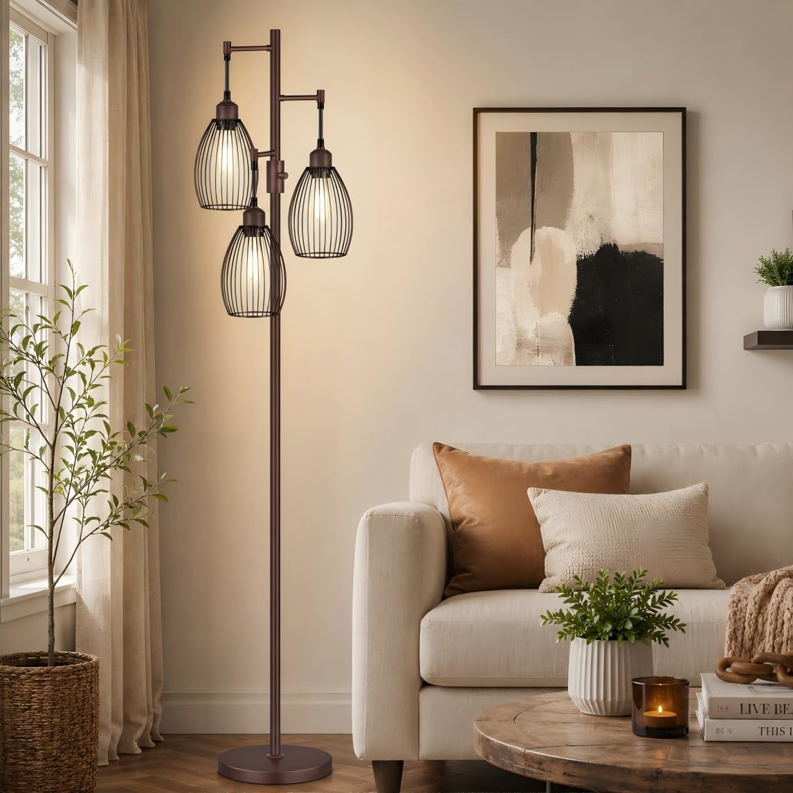Dimmable Black Tree Floor Lamp with 3 LED Bulbs for Indoor Use