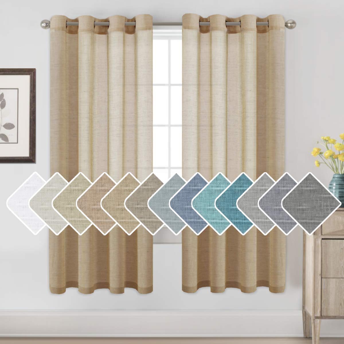 H.VERSAILTEX Linen Curtains Natural Linen Semi-Sheer Curtains 2 Panels Nickel Grommet Privacy Added Premium Soft Rich Material Drapes for Bedroom/Livingroom - 52x108 - Inch - Linen