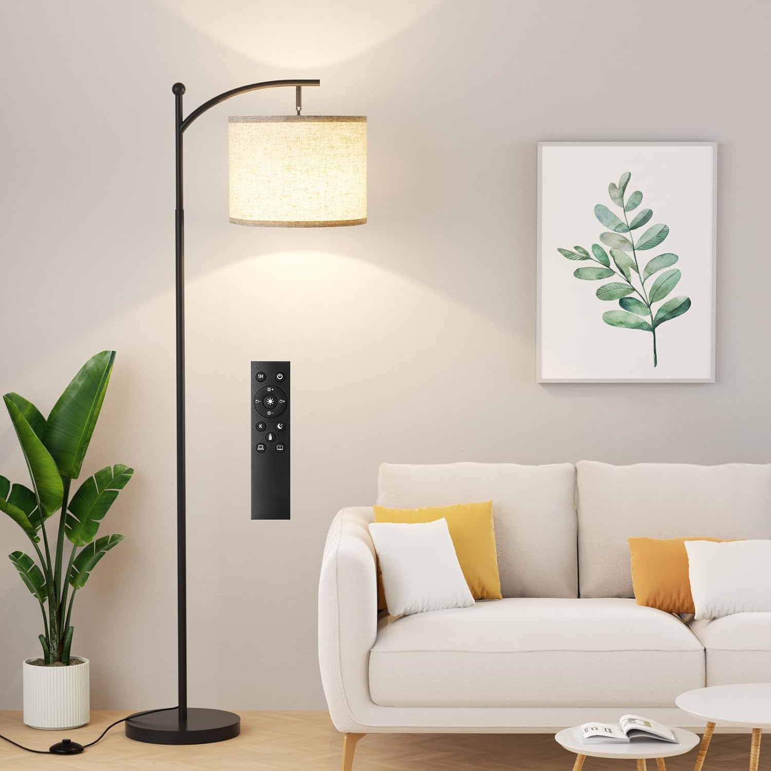 Ambimall 60" Floor Lamp with Remote Control and Stepless Dimmable Bulb, Colors Temperature & Brightness Adjustable, Modern Floor Lamps for Living Room（Beige Shade & Black Pole）