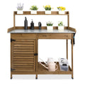 Ketive Folding Potting Bench Table,Outdoor Potting Bench Garden Wooden Potting Table,Fir Wood Workstation Planting Table with Galvanized Tabletop,2 Tier Storage Shelves,Top Shelf(Brown)