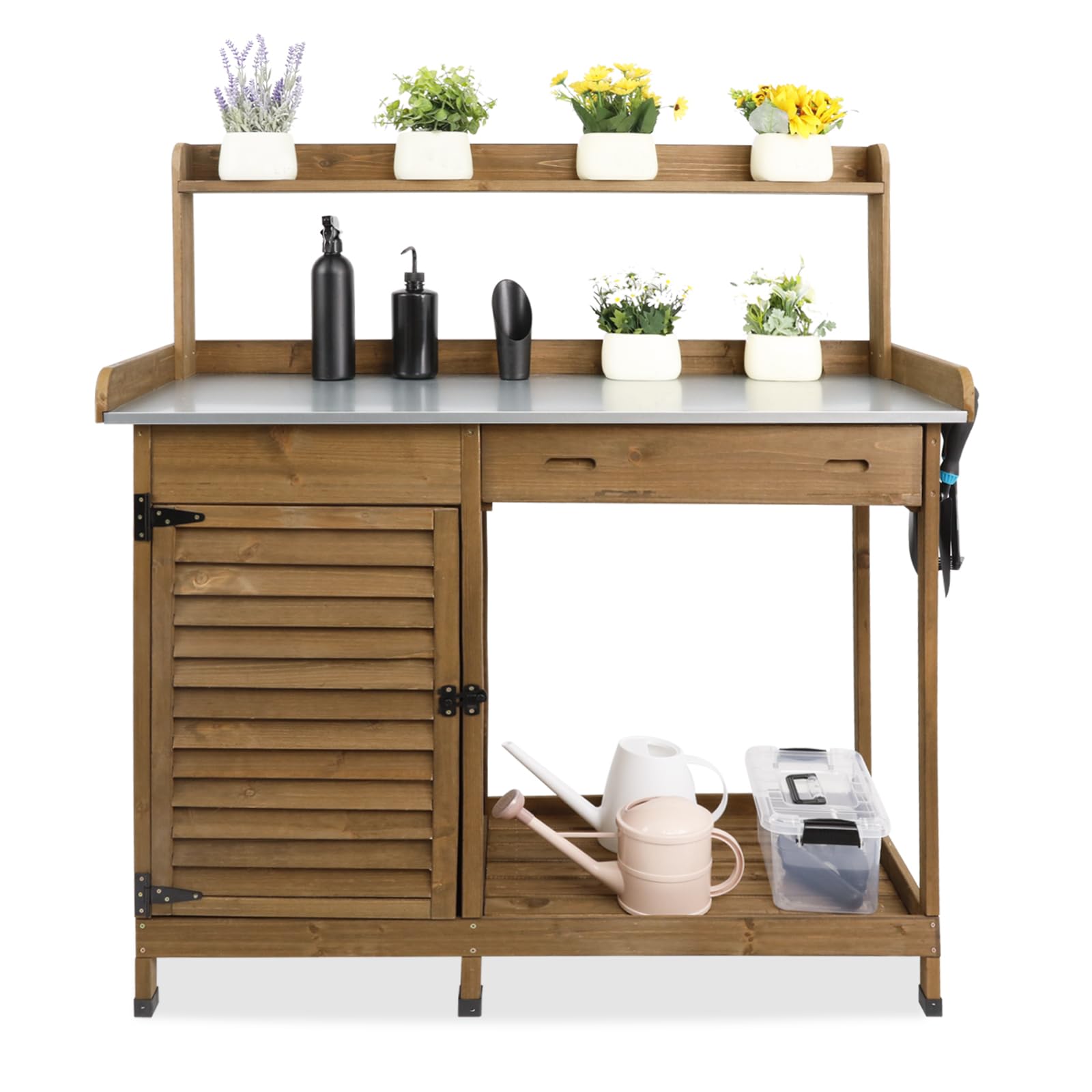 Ketive Folding Potting Bench Table,Outdoor Potting Bench Garden Wooden Potting Table,Fir Wood Workstation Planting Table with Galvanized Tabletop,2 Tier Storage Shelves,Top Shelf(Brown)