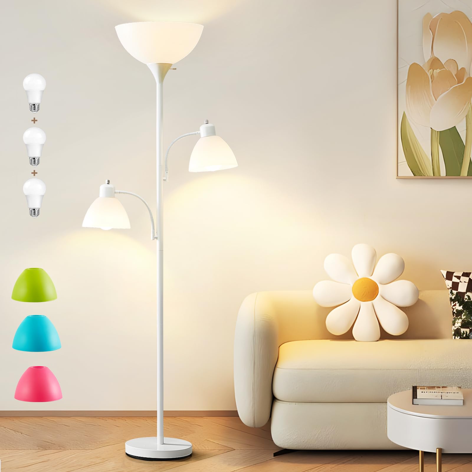 Luvkczc Floor Lamps for Living Room, 72" Tall Torchiere Floor Lamp with 8W Adjustable Reading Lights, Industrial Lamps for Living Room, Bedroom, Office, Black Tree Floor Lamp【3 Bulbs Included】