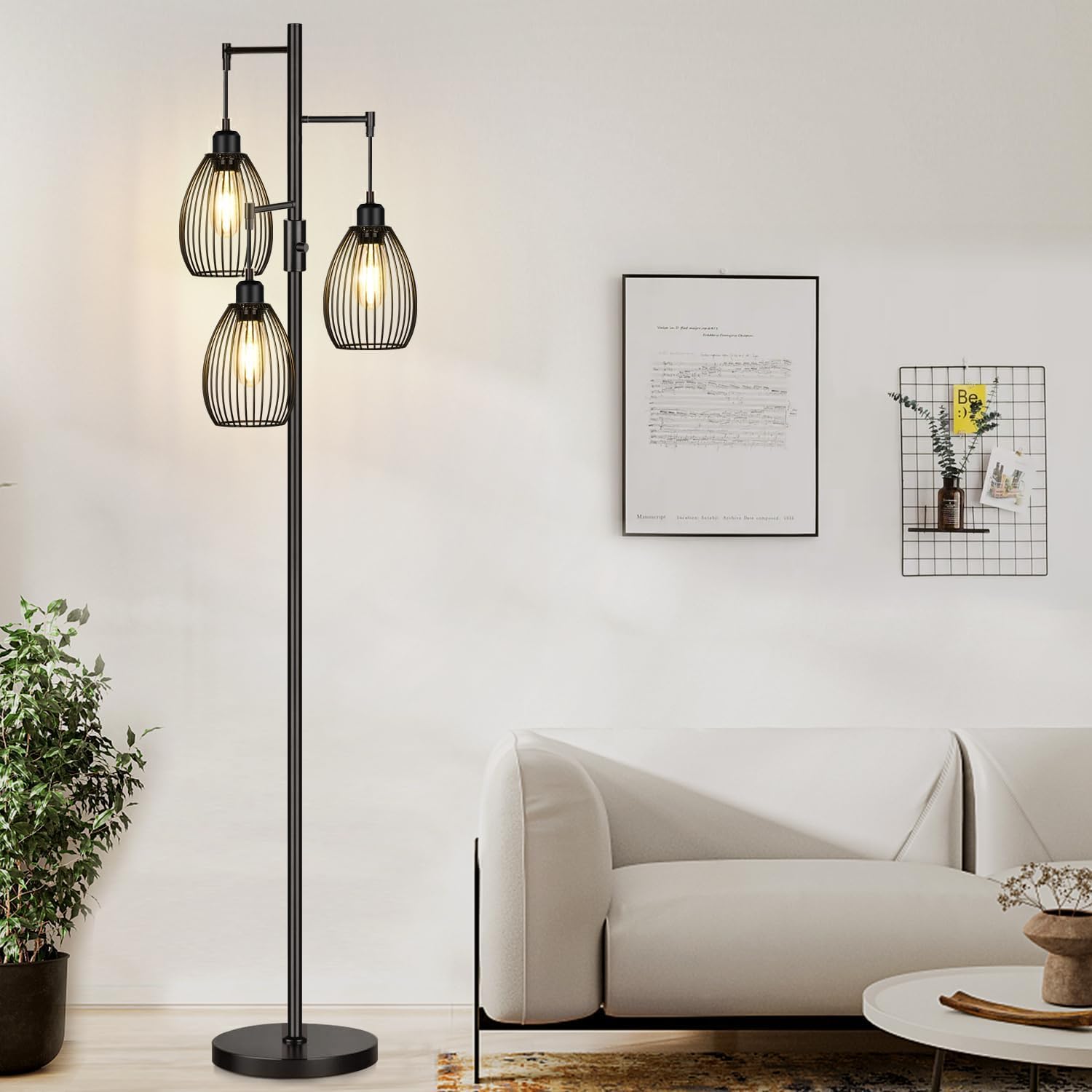 Dimmable Black Tree Floor Lamp with 3 LED Bulbs for Indoor Use