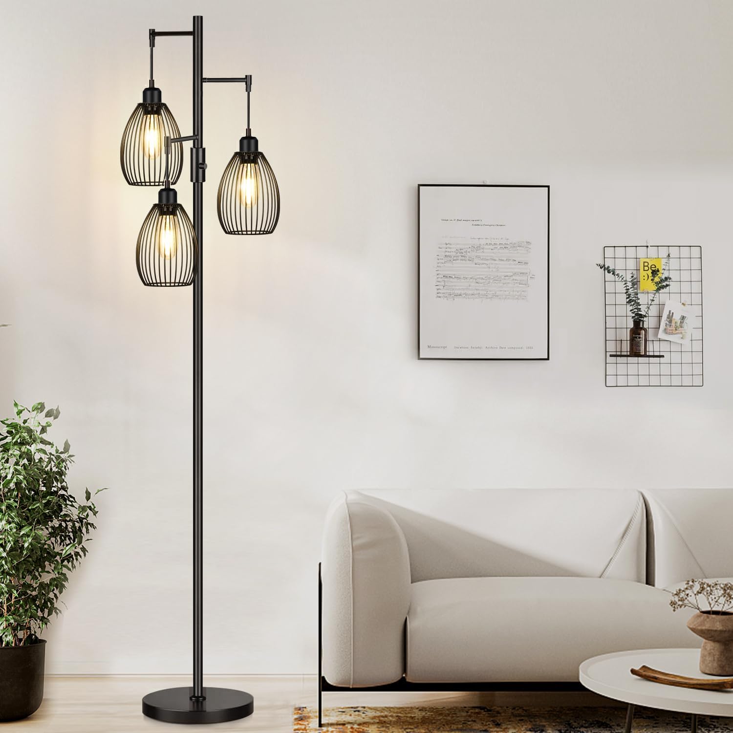 Dimmable Black Tree Floor Lamp with 3 LED Bulbs for Indoor Use
