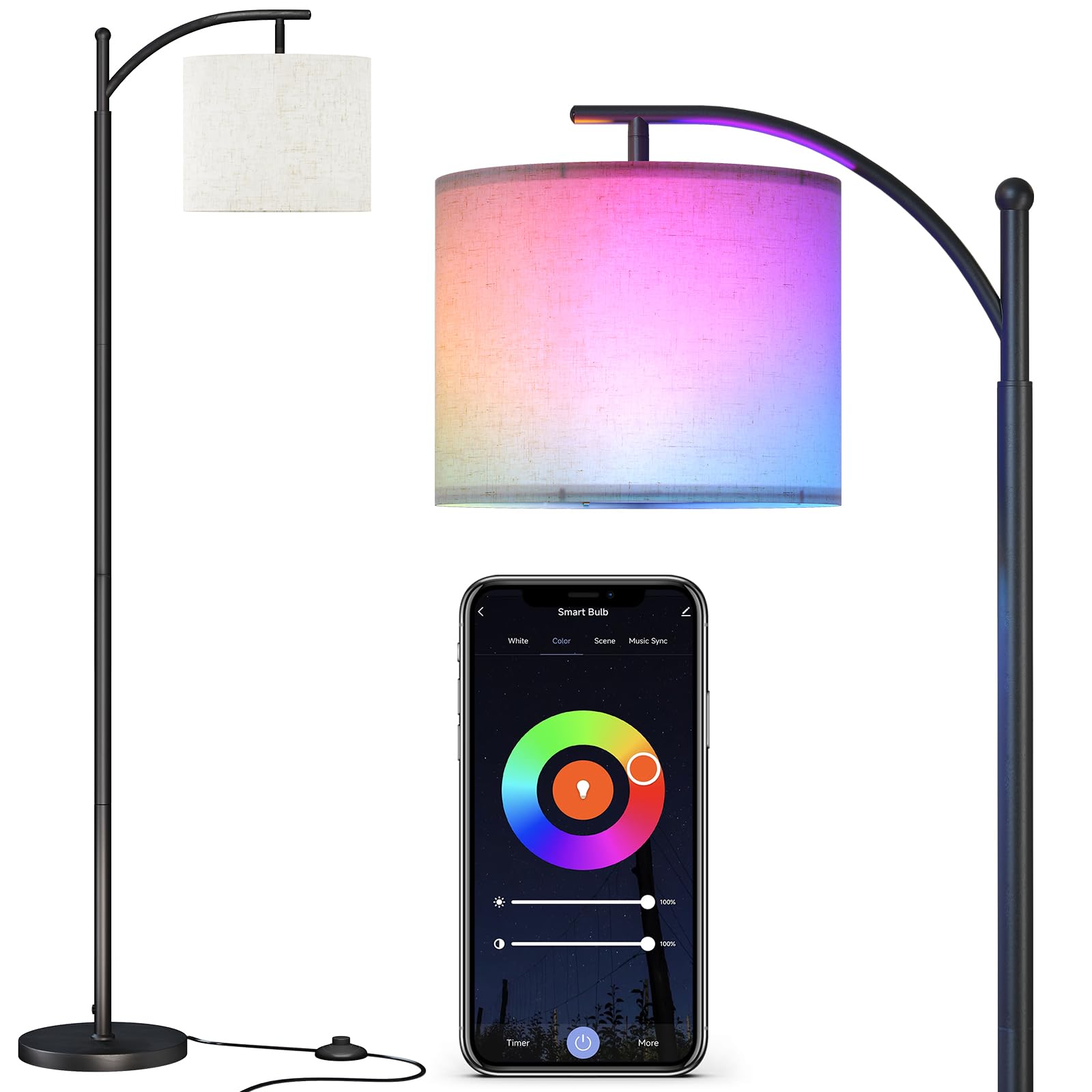 SUNMORY Arc Floor Lamp,Modern Floor Lamp with 3 Color Temperatures Bulb,Metal Standing Lamps with Adjustable Hanging Lampshade,Tall Floor Lamps for Living Room (Black)
