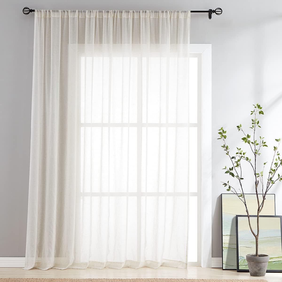 FMFUNCTEX Linen Sheer Curtains for Living Room, Beige Curtains 96 inches Long for Bedroom, Natural Flax Blend Window Draperies for Farmhouse Curtain, Rod Pocket 2 Panels
