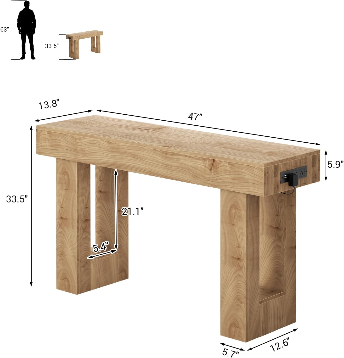 Unikito 47" Entryway Table with Socket and Sensor Light, Narrow Console Table with Storage Behind Couch, Farmhouse Entry Way Tables with Open Storage for Entrance/Hallway/Living Room, Natural Oak