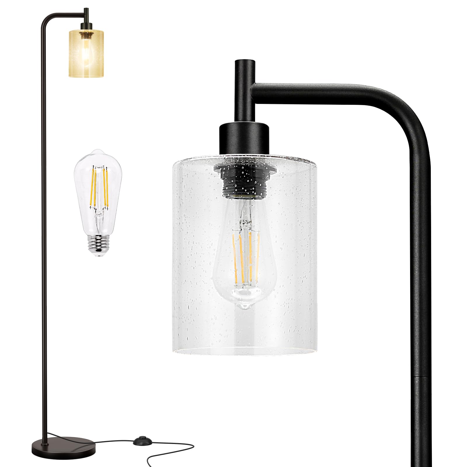 Ziisee Industrial Floor Lamp with Glass Shade - Black, LED Bulbs, Foot Pedal Switch, Easy Assembly