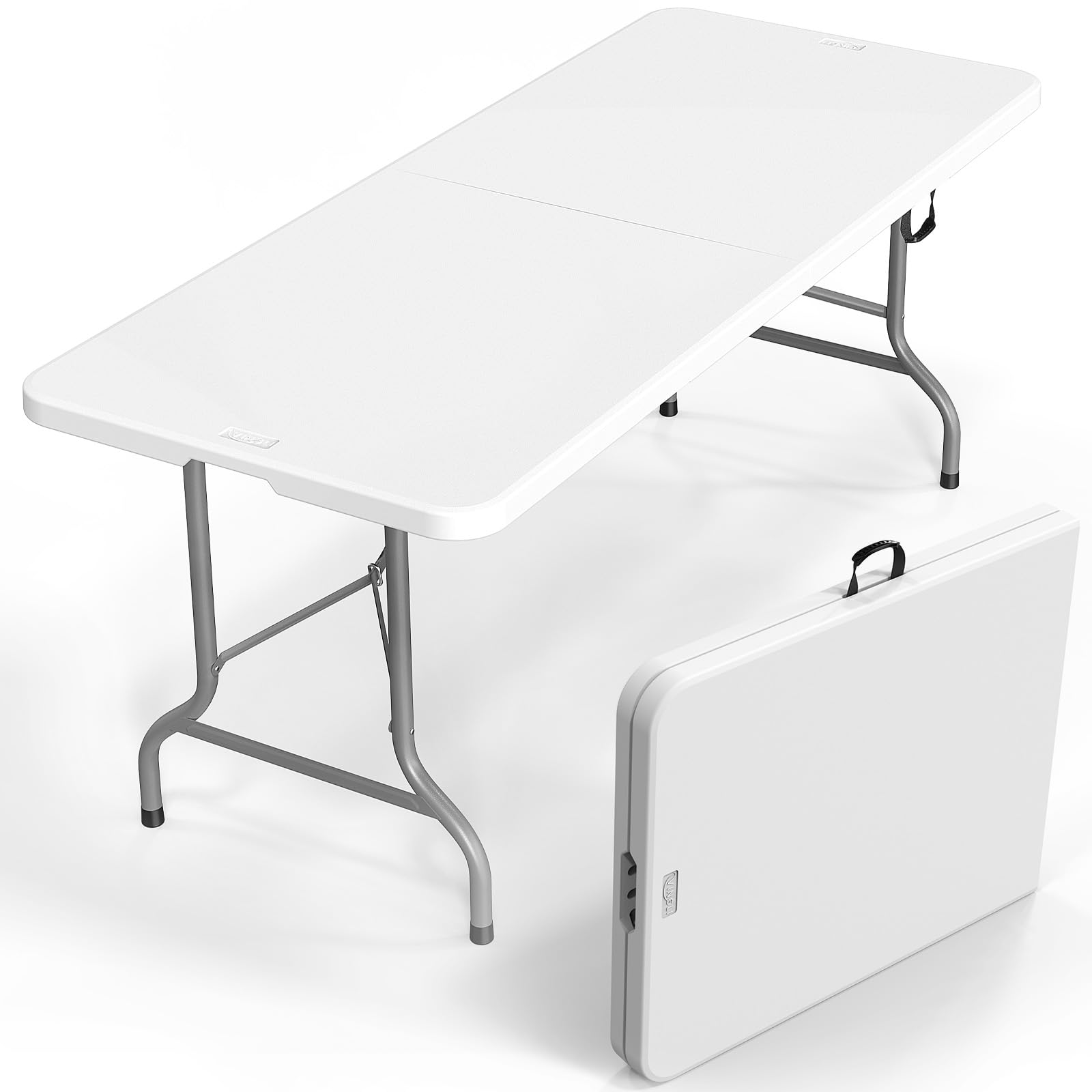 VINGLI 4 FT Plastic Folding Camping Table,3-Level Adjustable Height, Portable in/Outdoor Party Picnic Dining Desk, Garden Soccer Multipurpose Entertaining Activities，White
