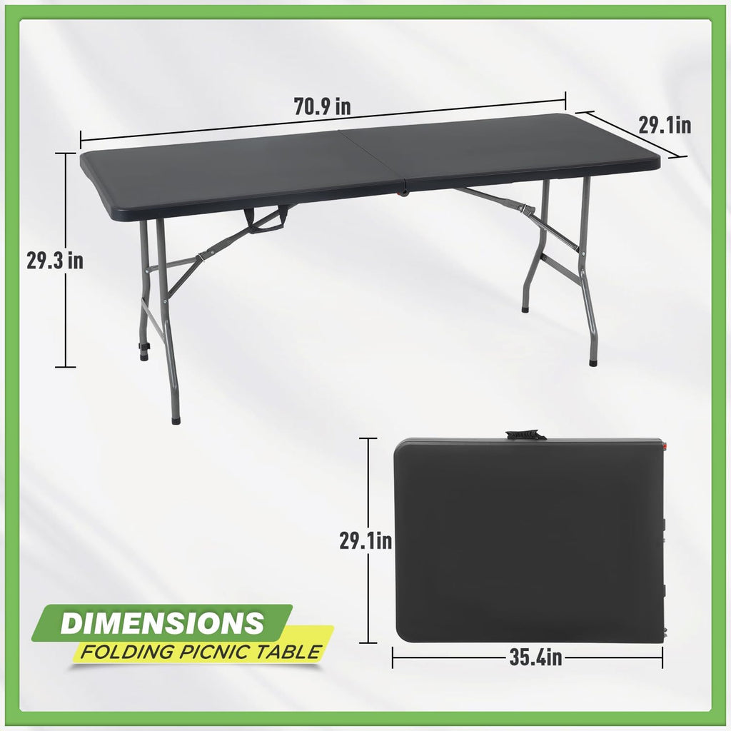 BestOffice Outdoor 6 FT Folding Camping Table Plastic Table Portable Square Height Dining Table Perfect for Picnics, Parties, Party and Camping, Black