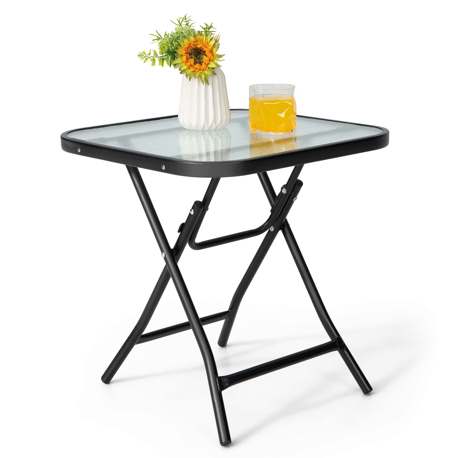 Giantex Folding Side Table, Square Small Patio Table, Tempered Glass Tabletop, Steel Frame, Weather-Resistant Outdoor Indoor Use for Bistro Porch Garden Balcony 18"x18"x18.5"