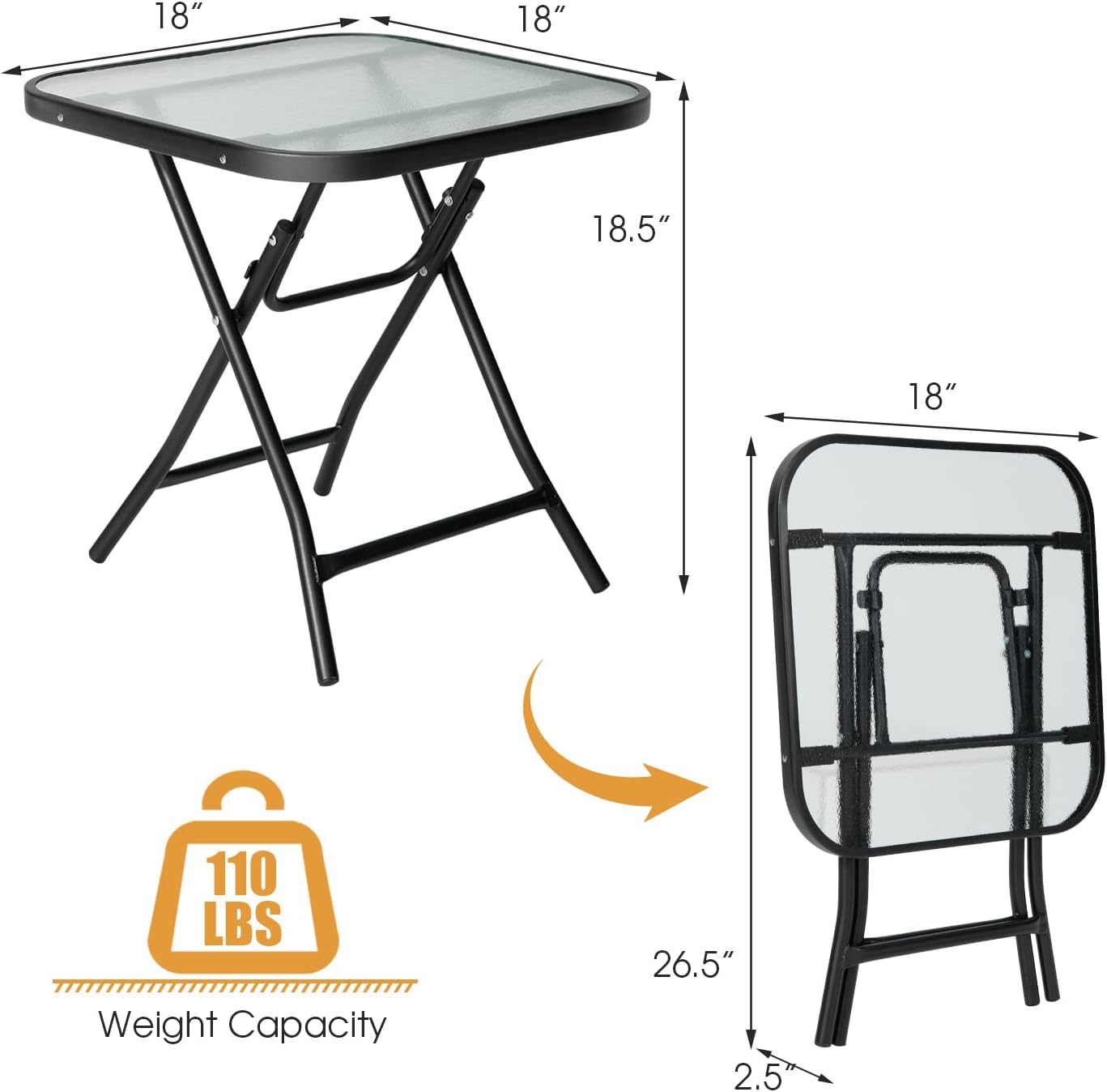 Giantex Folding Side Table, Square Small Patio Table, Tempered Glass Tabletop, Steel Frame, Weather-Resistant Outdoor Indoor Use for Bistro Porch Garden Balcony 18"x18"x18.5"
