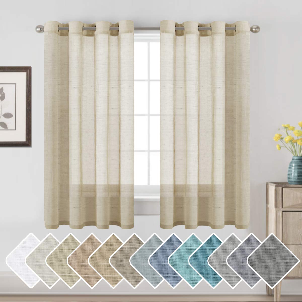 H.VERSAILTEX Linen Curtains Natural Linen Semi-Sheer Curtains 2 Panels Nickel Grommet Privacy Added Premium Soft Rich Material Drapes for Bedroom/Livingroom - 52x108 - Inch - Linen