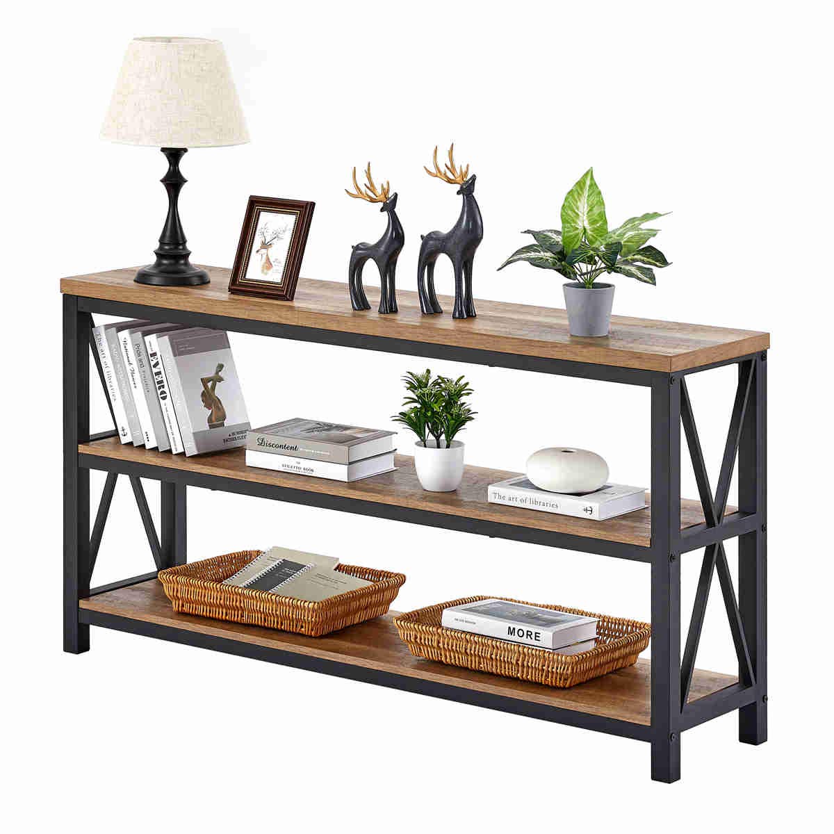 FATORRI Console Table for Entryway, Modern Entry Table with 3 Tier Shelves, Couch Tables Behind Sofa for Living Room (55 Inch, Dark Walnut)