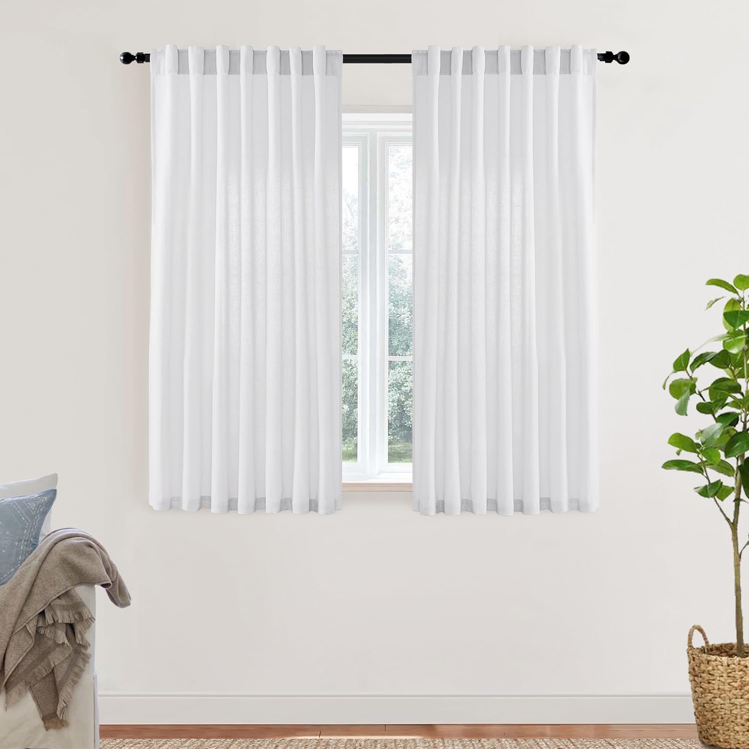 XTMYI 90 Inches Long Sheer Linen Curtains 2 Panels Set,Hook Tape Back Tab Semi Sheer Cotton Blend Fabric Modern Cottage Core Cottagecore Curtain Drapes for Living Room Bedroom,50x90 in Length