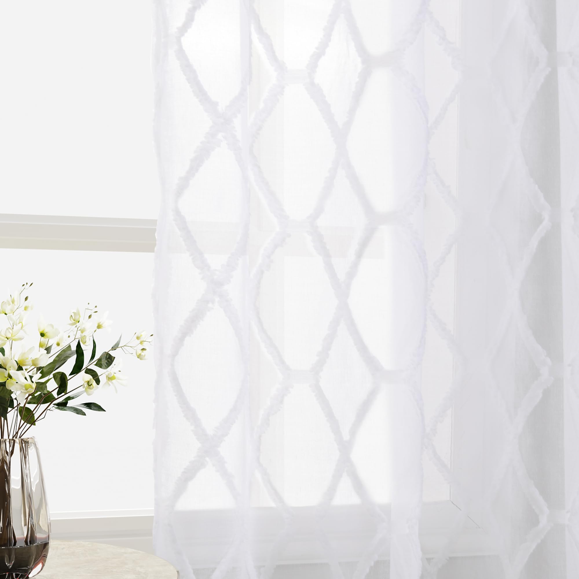 108" Beige Linen Sheer Curtains, 2 Panels, Tuft Pattern for Living Room & Bedroom