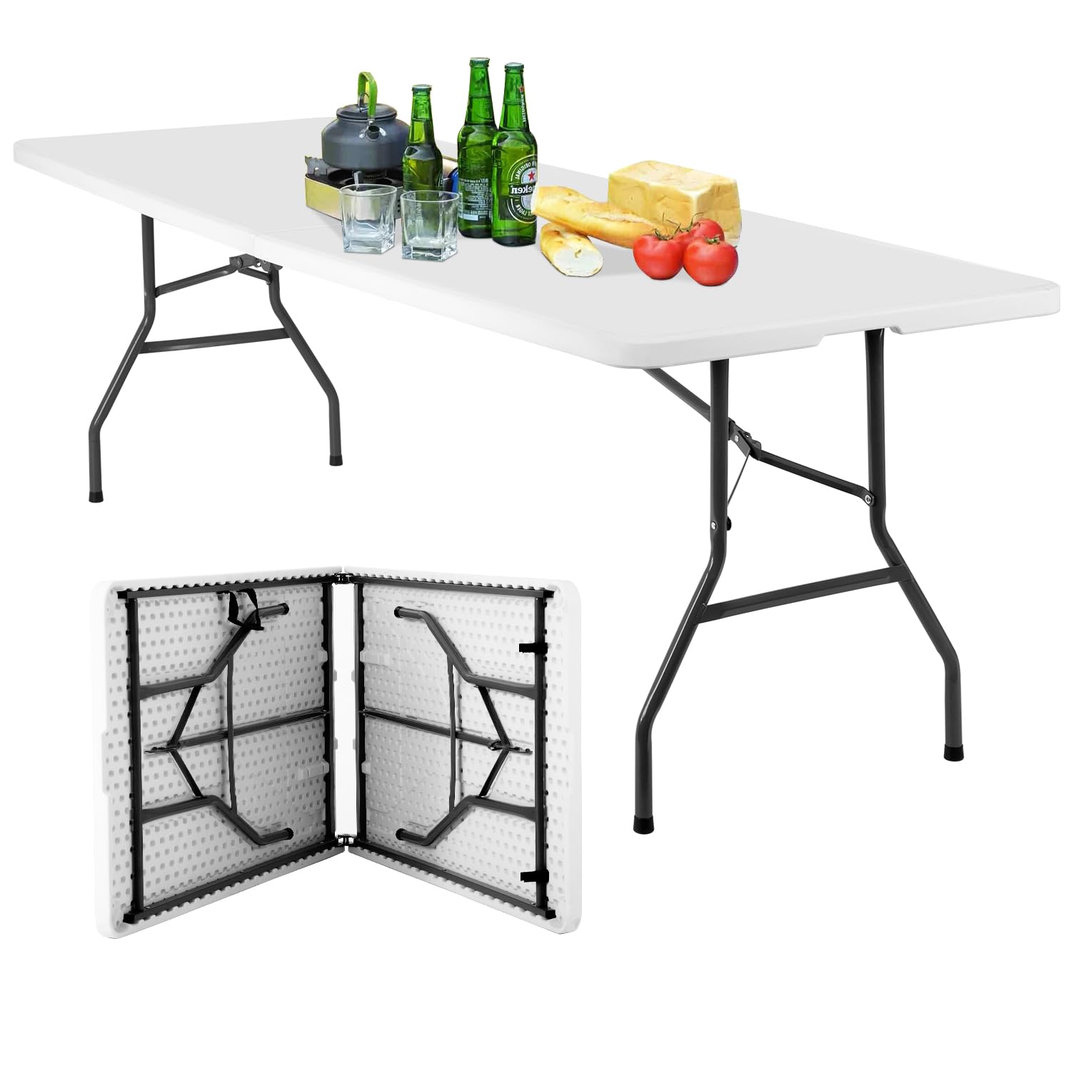 BestOffice Outdoor 6 FT Folding Camping Table Plastic Table Portable Square Height Dining Table Perfect for Picnics, Parties, Party and Camping, Black