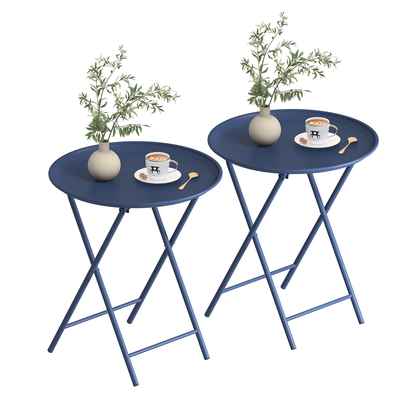 Garden 4 you Folding TV Tray Table, Metal Round Side Table, Blue Dinner Table with Metal Frame, Modern Outdoor Tray Table for Living Room, Bedroom, Patio & Small Spaces, 2 Packs