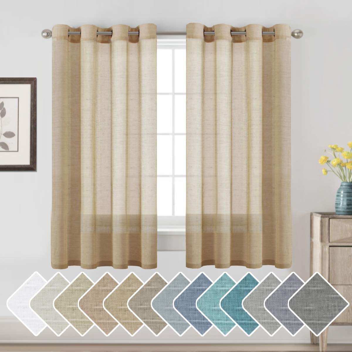 H.VERSAILTEX Linen Curtains Natural Linen Semi-Sheer Curtains 2 Panels Nickel Grommet Privacy Added Premium Soft Rich Material Drapes for Bedroom/Livingroom - 52x108 - Inch - Linen