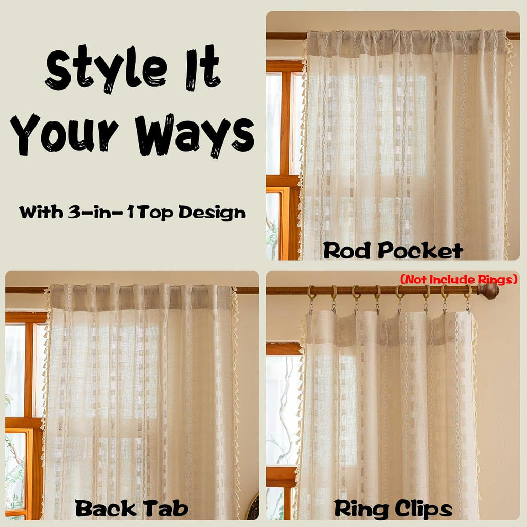 Natural Boho Semi Sheer Curtains 63 inch Length 2 Panel Set for Bedroom & Farmhouse, Bohemian Beige Light Filtering Privacy Drapes Tassels Shabby Chic Embroidery Window Curtains Back Tab & Rod pocket