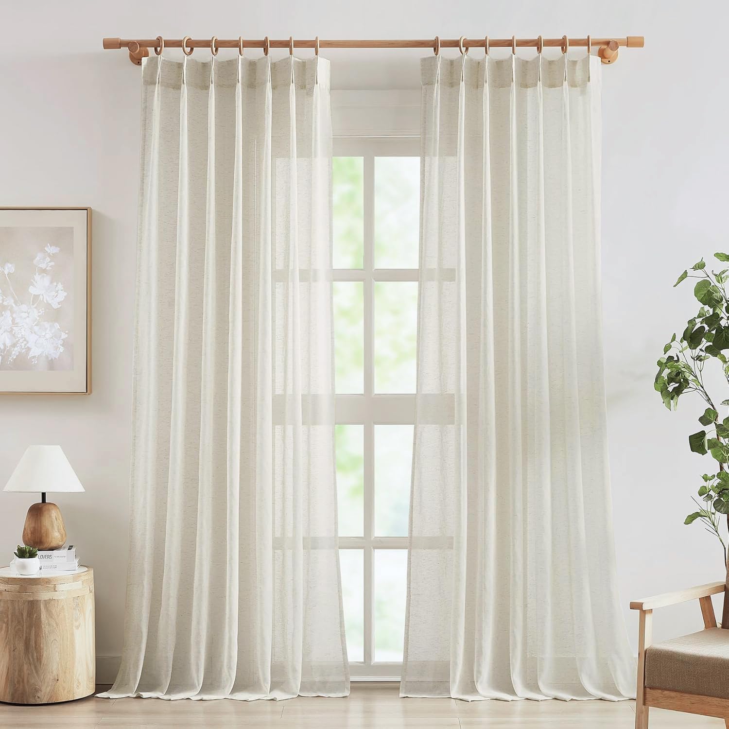 FMFUNCTEX Linen Sheer Curtains for Living Room, Beige Curtains 96 inches Long for Bedroom, Natural Flax Blend Window Draperies for Farmhouse Curtain, Rod Pocket 2 Panels