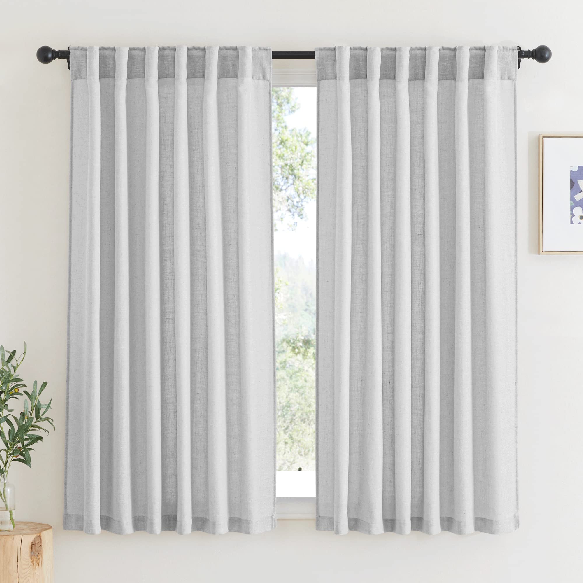 RYB HOME Semi Sheer Curtains 102 inches Long, Back Tab Light Filtration Half Privacy Window Curtains & Drapes for Bedroom Living Room, Linen, W 52 x L 102 inches, 2 Panels Set