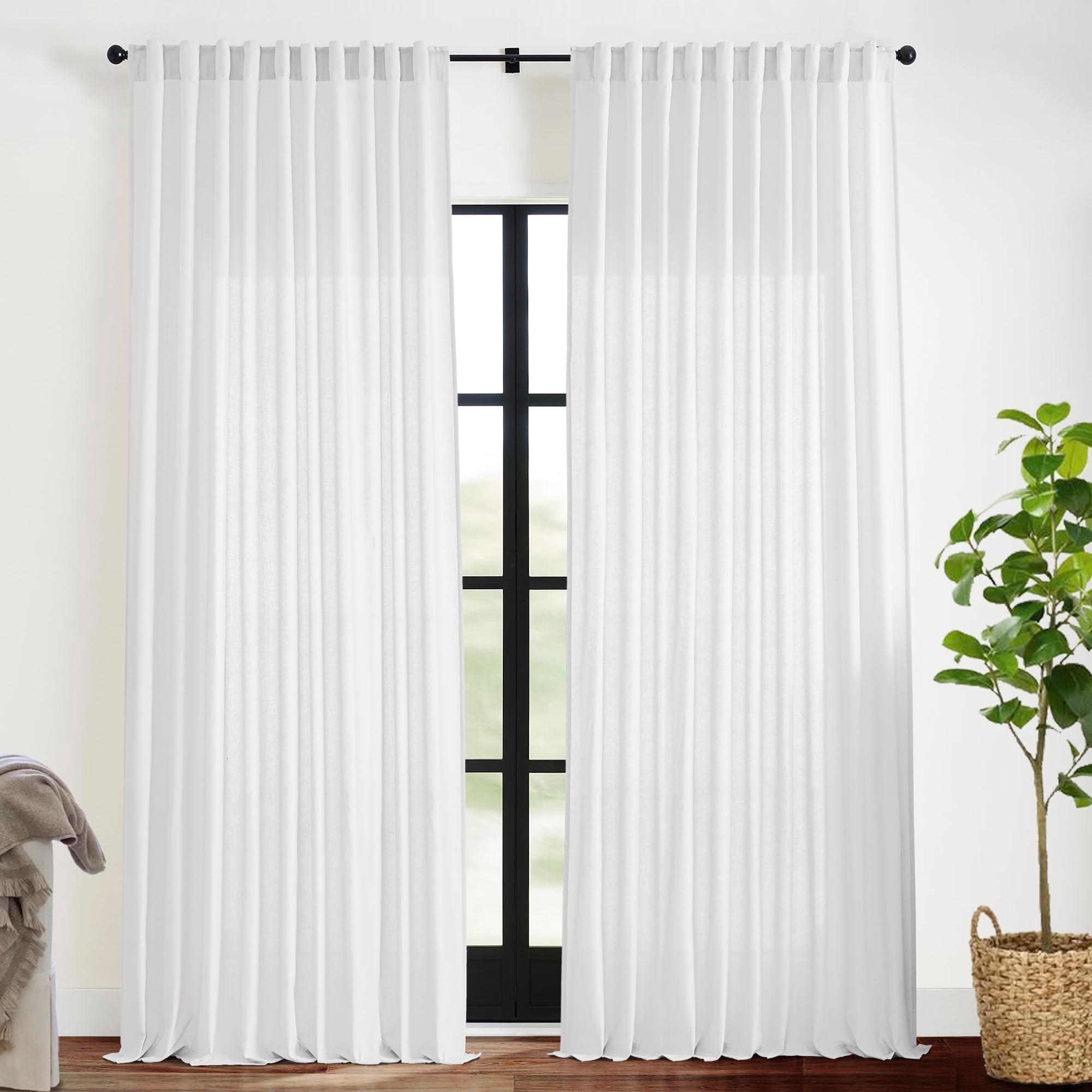 XTMYI 90 Inches Long Sheer Linen Curtains 2 Panels Set,Hook Tape Back Tab Semi Sheer Cotton Blend Fabric Modern Cottage Core Cottagecore Curtain Drapes for Living Room Bedroom,50x90 in Length