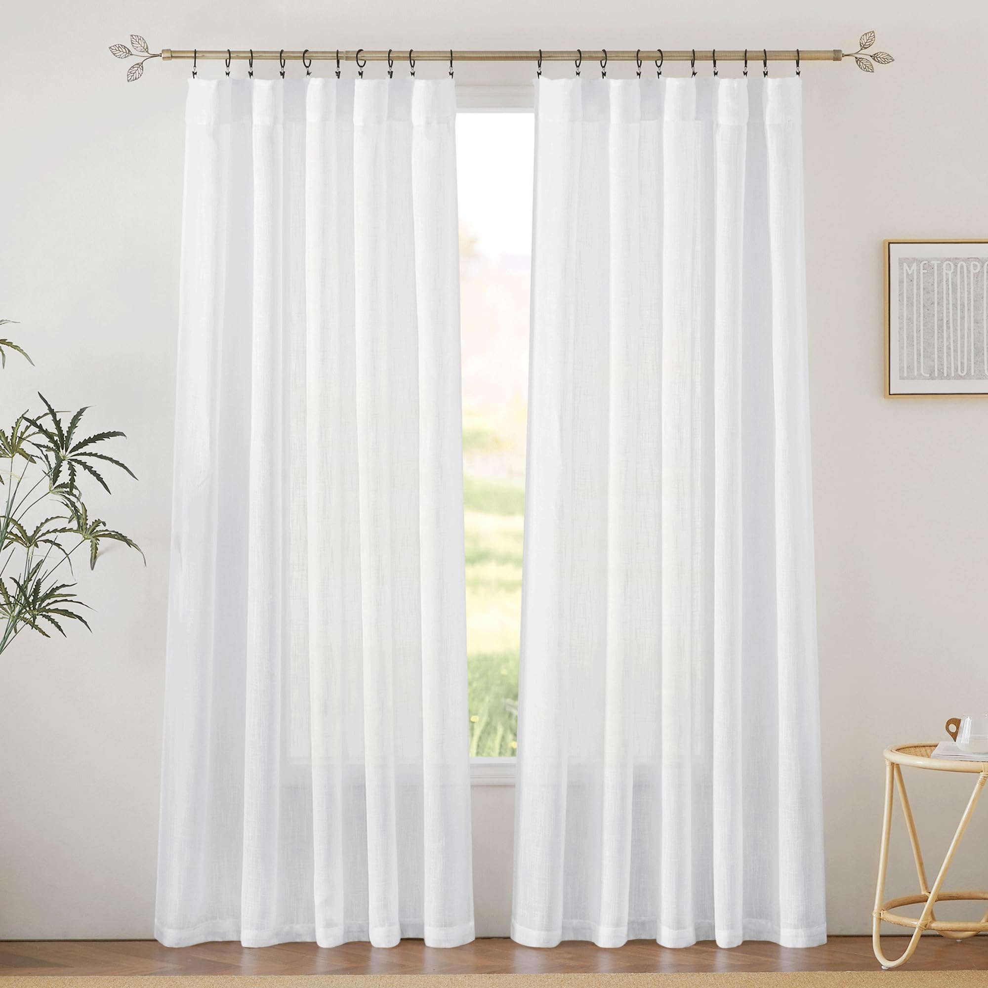 RYB HOME Semi Sheer Curtains 102 inches Long, Back Tab Light Filtration Half Privacy Window Curtains & Drapes for Bedroom Living Room, Linen, W 52 x L 102 inches, 2 Panels Set
