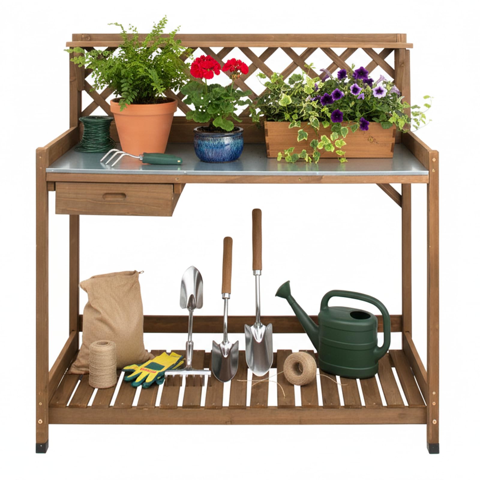 Ketive Folding Potting Bench Table,Outdoor Potting Bench Garden Wooden Potting Table,Fir Wood Workstation Planting Table with Galvanized Tabletop,2 Tier Storage Shelves,Top Shelf(Brown)