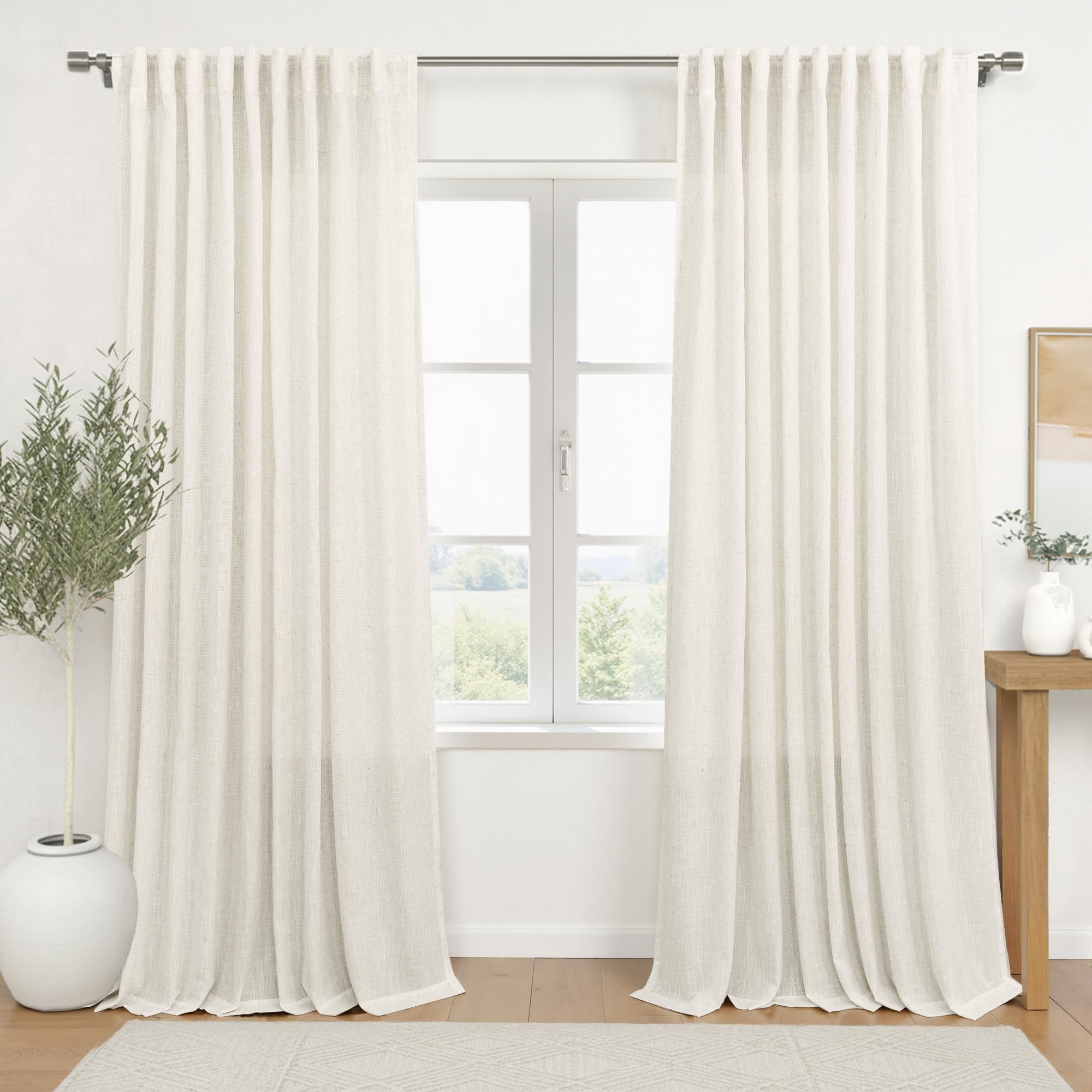 KOUFALL 92 Inch Curtains for Living Room 2 Panels Set,Light Filtering Farmhouse Boho Linen Semi Sheer Curtain Drapes 92 Inches Long for Bedroom,Cream Ivory