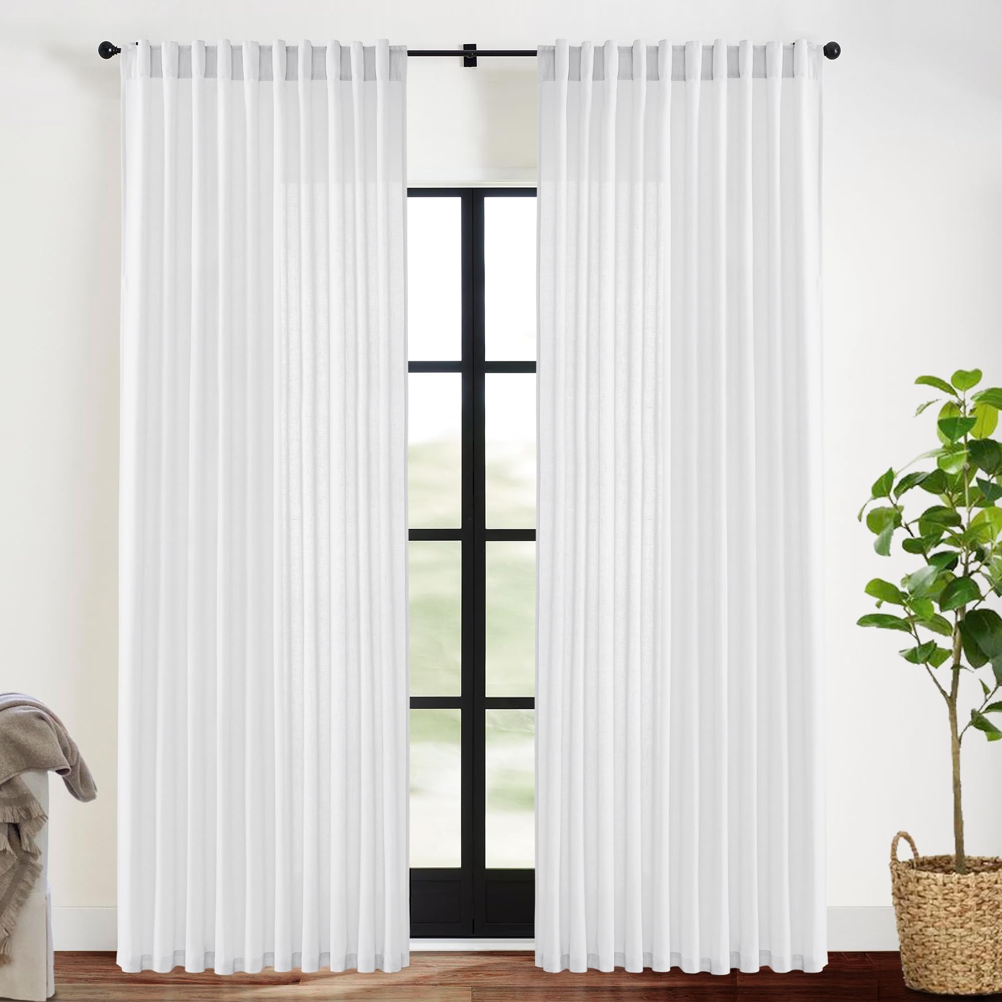 XTMYI 90 Inches Long Sheer Linen Curtains 2 Panels Set,Hook Tape Back Tab Semi Sheer Cotton Blend Fabric Modern Cottage Core Cottagecore Curtain Drapes for Living Room Bedroom,50x90 in Length