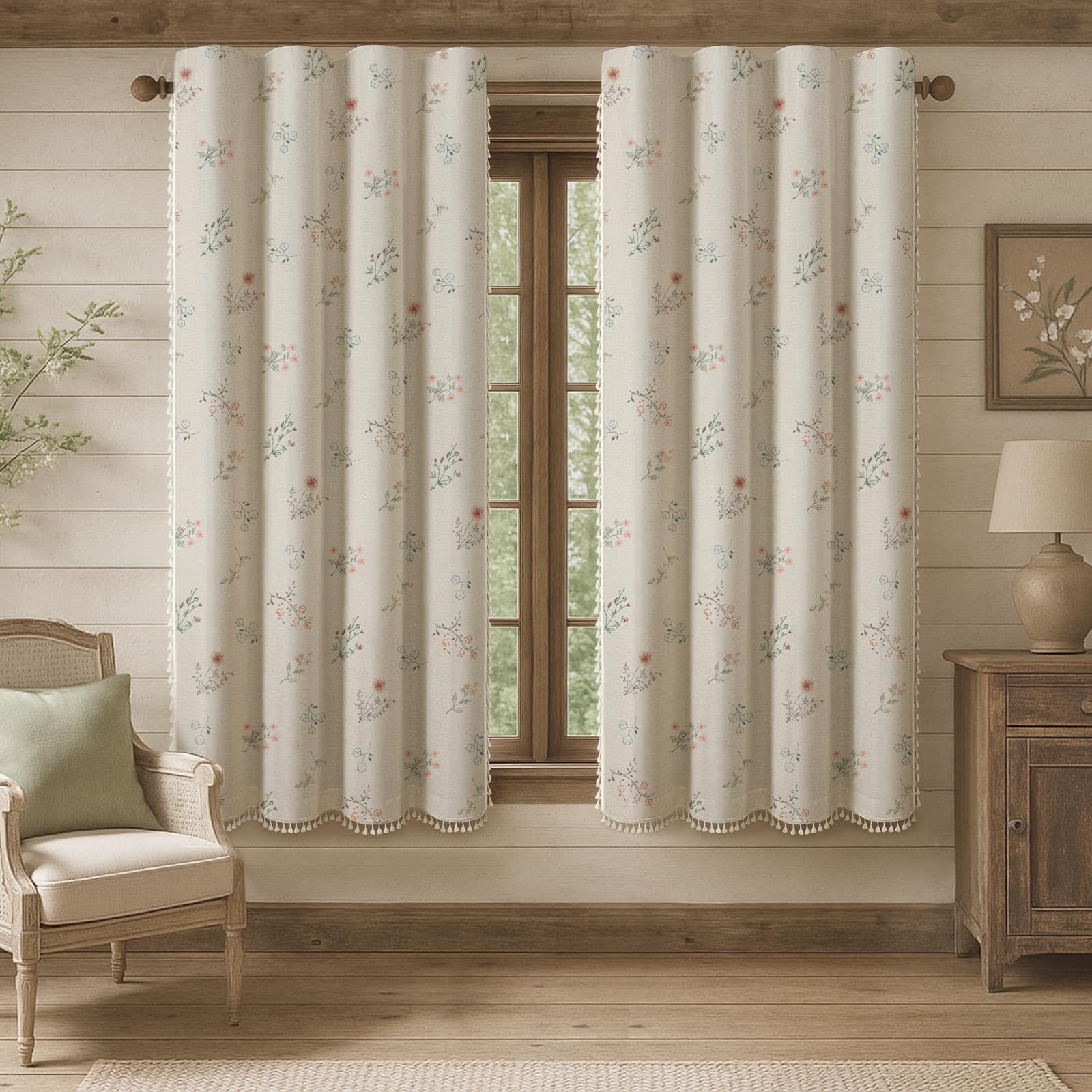 Boho Floral Spring Semi Sheer Curtains 84 Inch Length 2 Panels Set, Linen Texture Farmhouse Light Filtering Curtains Beige Tassel for Bedroom Living Room Vintage Rustic Patterned Printed Rod Pocket