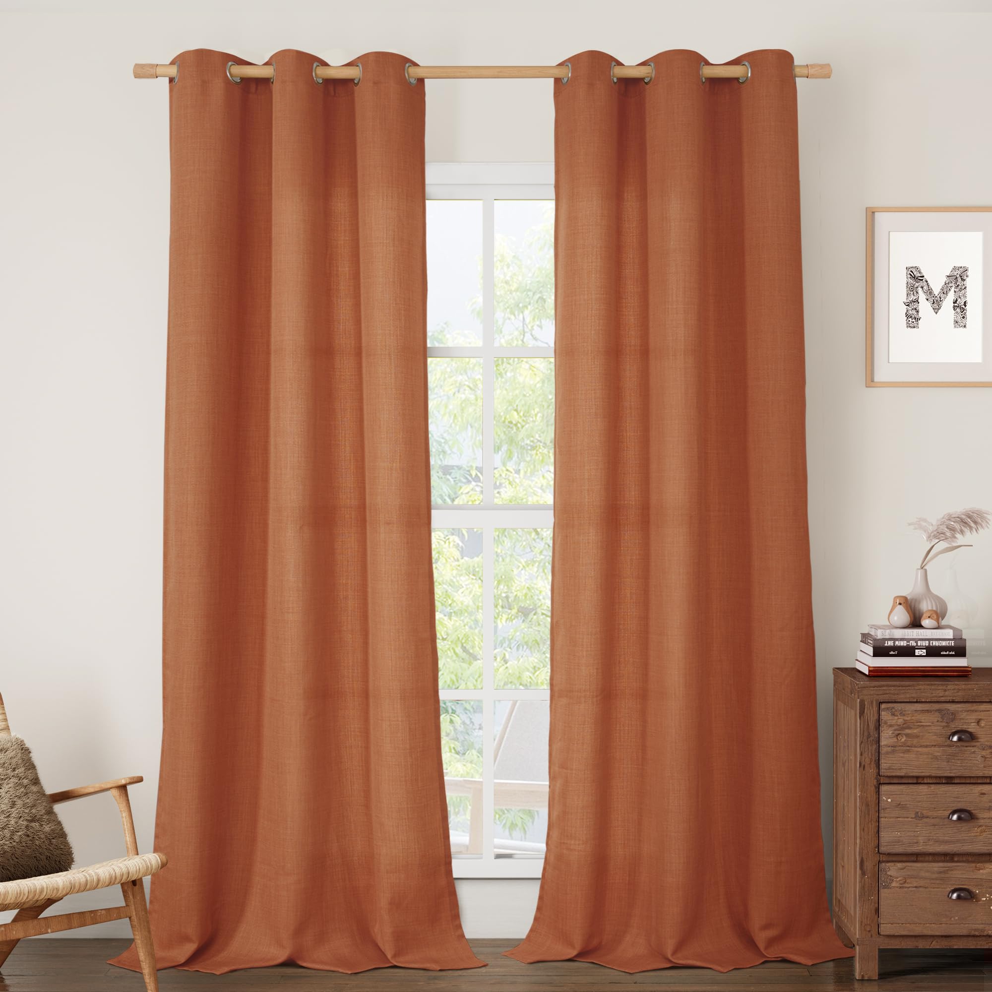 LAMIT Natural Cream Ivory Long Linen Curtains for Living Room, 108 inches Long Bronze Grommet Light Filtering Window Textured Neutral Sheer Drapes for Bedroom Farmhouse, 2 Panels, 52 x 108 Inch