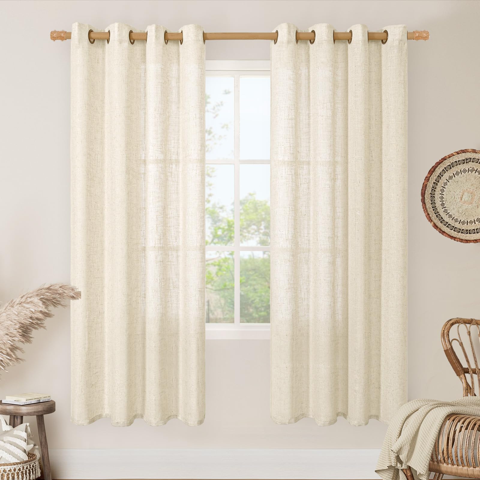 LAMIT Natural Cream Ivory Long Linen Curtains for Living Room, 108 inches Long Bronze Grommet Light Filtering Window Textured Neutral Sheer Drapes for Bedroom Farmhouse, 2 Panels, 52 x 108 Inch
