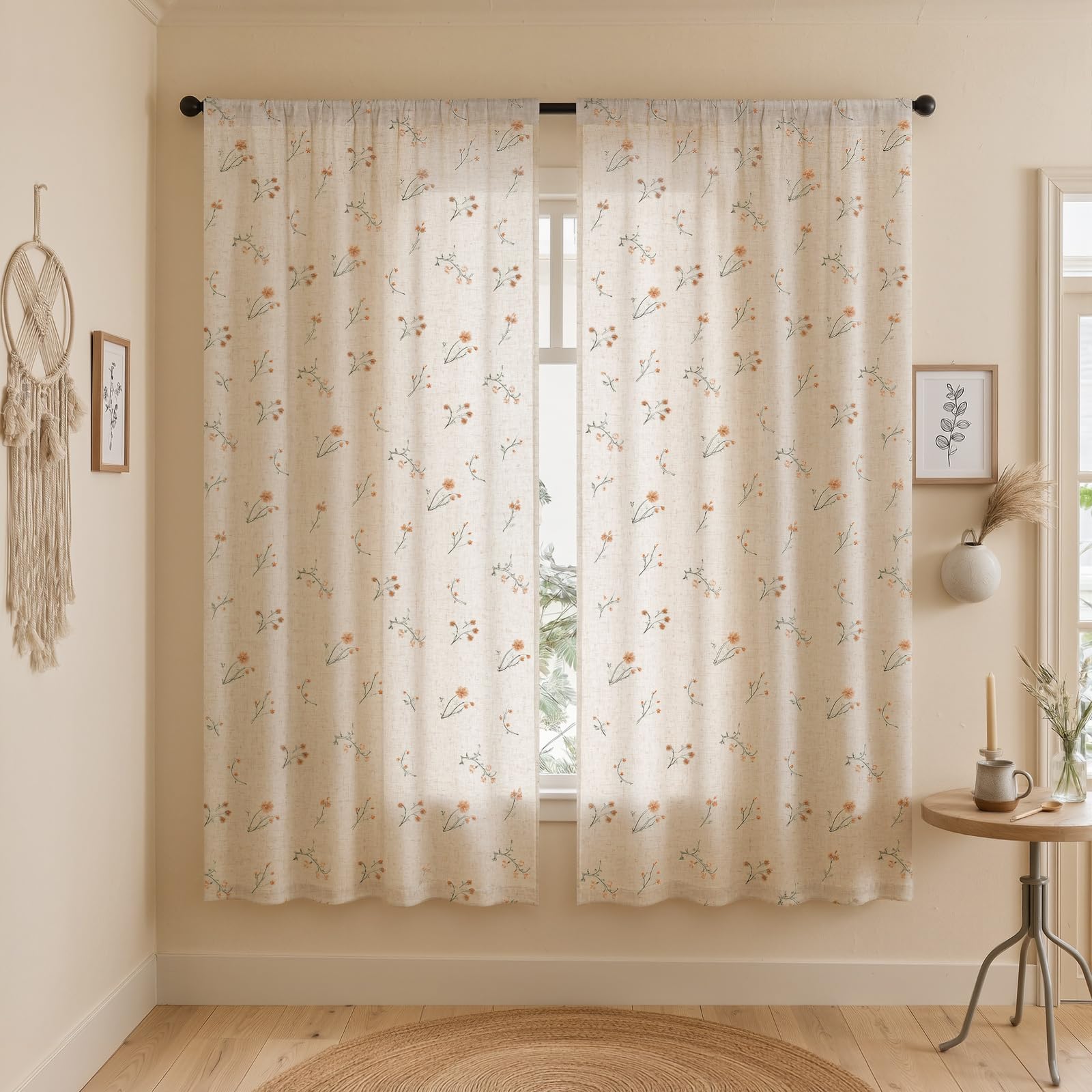 Boho Floral Spring Semi Sheer Curtains 84 Inch Length 2 Panels Set, Linen Texture Farmhouse Light Filtering Curtains Beige Tassel for Bedroom Living Room Vintage Rustic Patterned Printed Rod Pocket