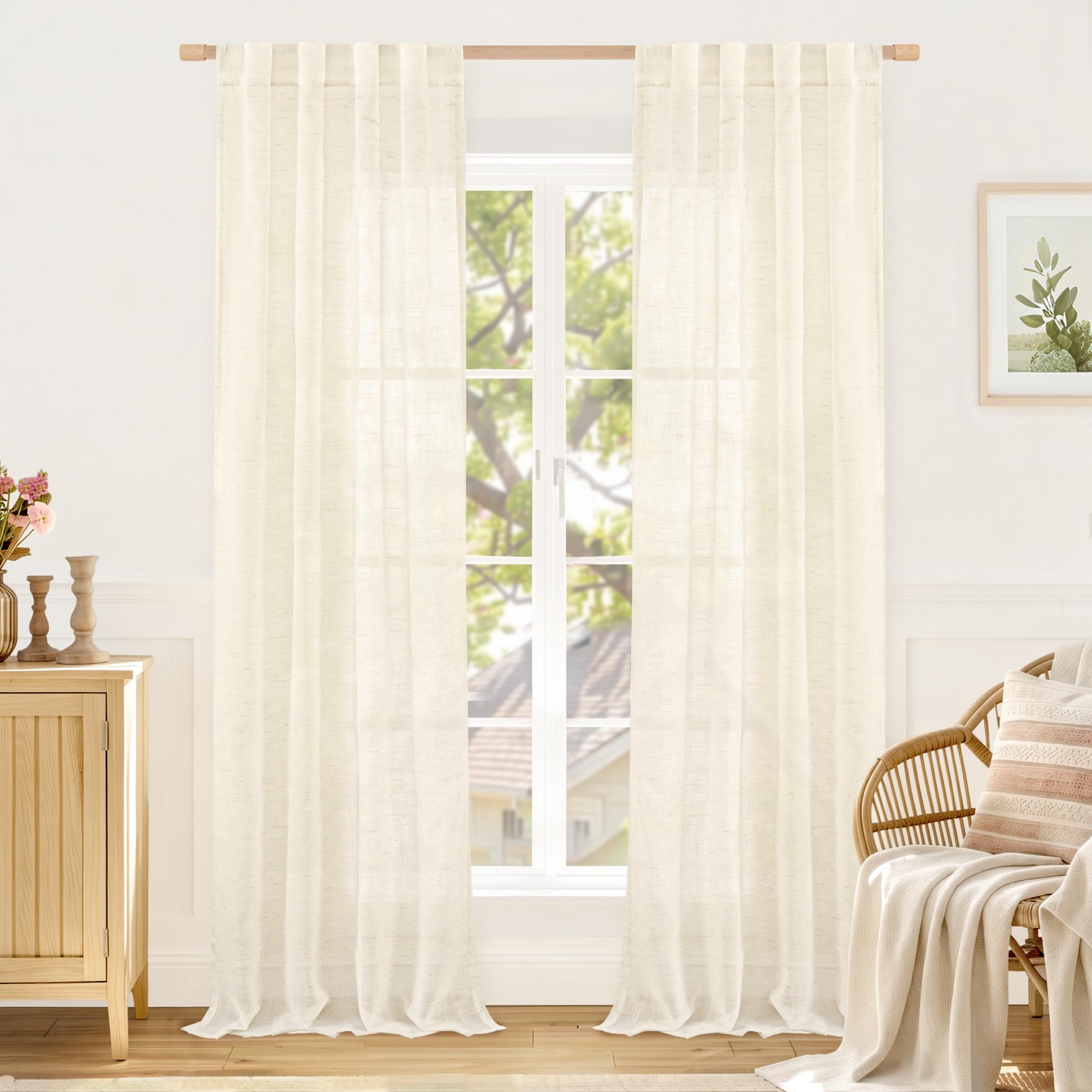 LAMIT Natural Linen Sheer Curtains 90 Inches Long 2 Panels, Long Light Filtering Window Treatments Back Tab and Rod Pocket Farmhouse Boho Panels for Living Room/Bedroom/Dining Room, 52 x 90 Inch