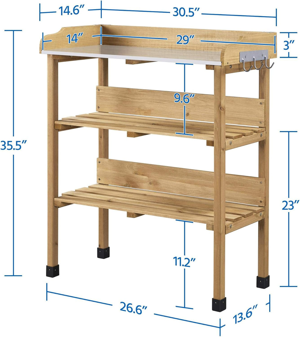 Yaheetech Outdoor Garden Potting Bench Table Wooden Horticulture Planting Worstation w/Metal Tabletop/Storage Shelf/3 Hooks, Natural Wood