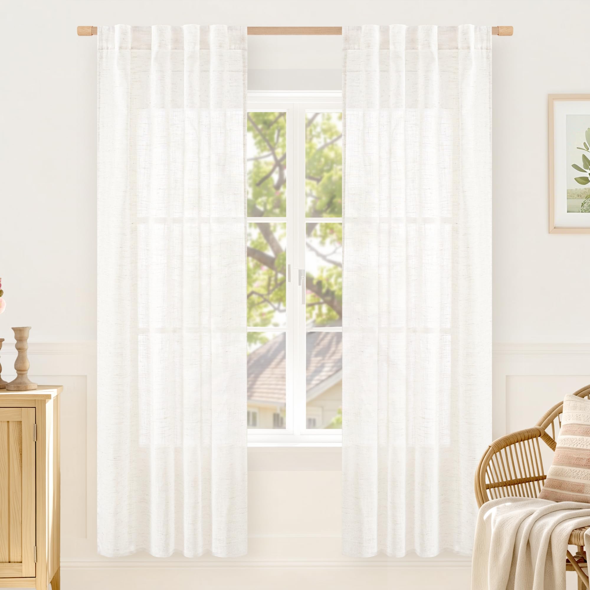 LAMIT Natural Linen Sheer Curtains 90 Inches Long 2 Panels, Long Light Filtering Window Treatments Back Tab and Rod Pocket Farmhouse Boho Panels for Living Room/Bedroom/Dining Room, 52 x 90 Inch