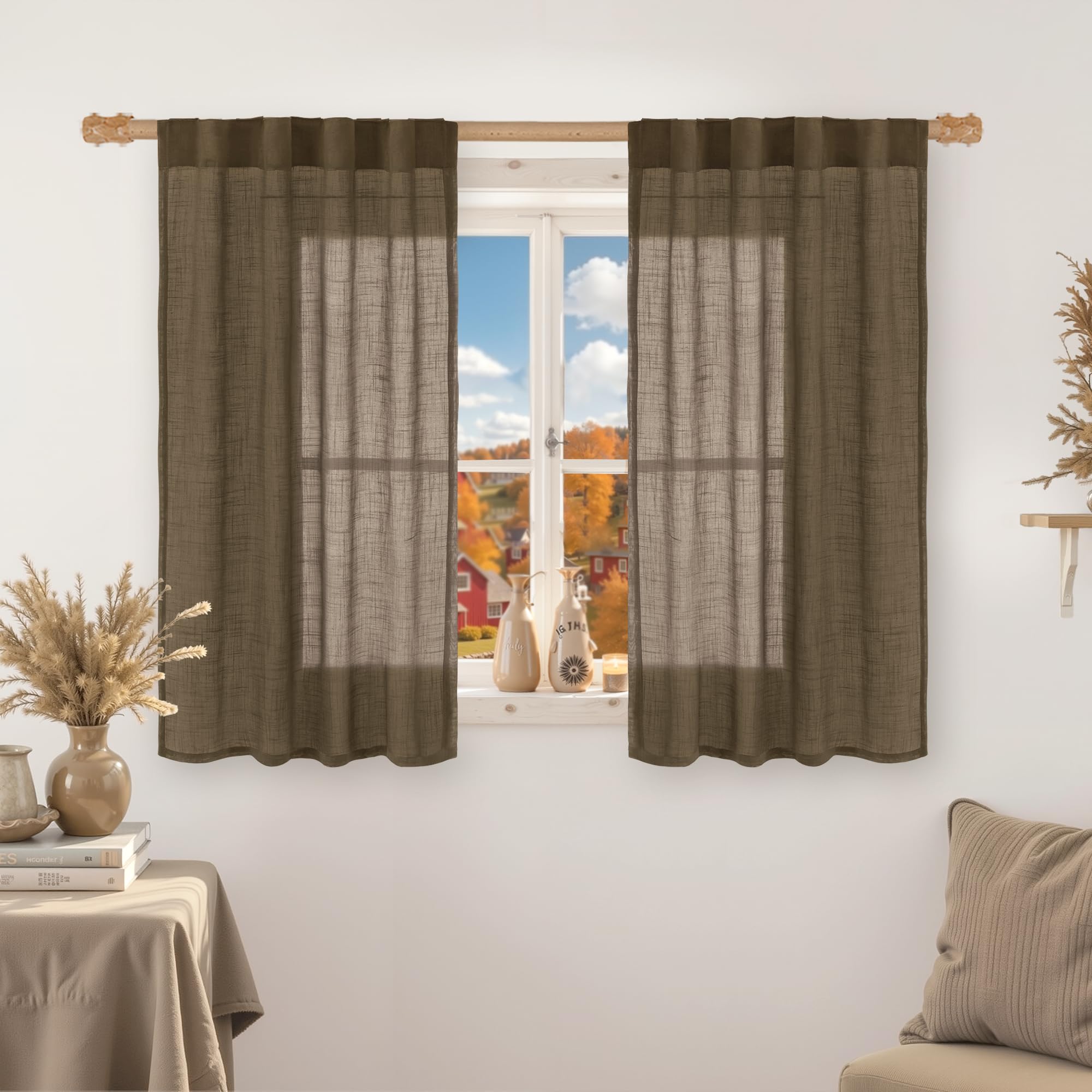 LAMIT Natural Linen Sheer Curtains 90 Inches Long 2 Panels, Long Light Filtering Window Treatments Back Tab and Rod Pocket Farmhouse Boho Panels for Living Room/Bedroom/Dining Room, 52 x 90 Inch