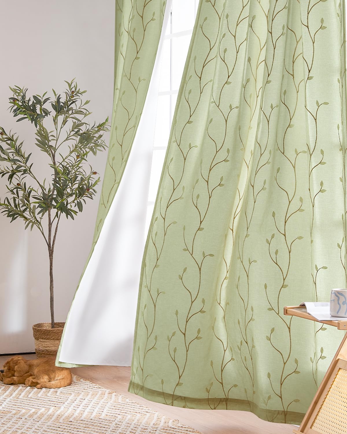 jinchan Sheer Curtains for Bedroom 84 Inch Length Leaf Embroidered Semi Sheers for Living Room Botanical Embroidery Voile Transparent Grommet Window Treatments Taupe 2 Panels